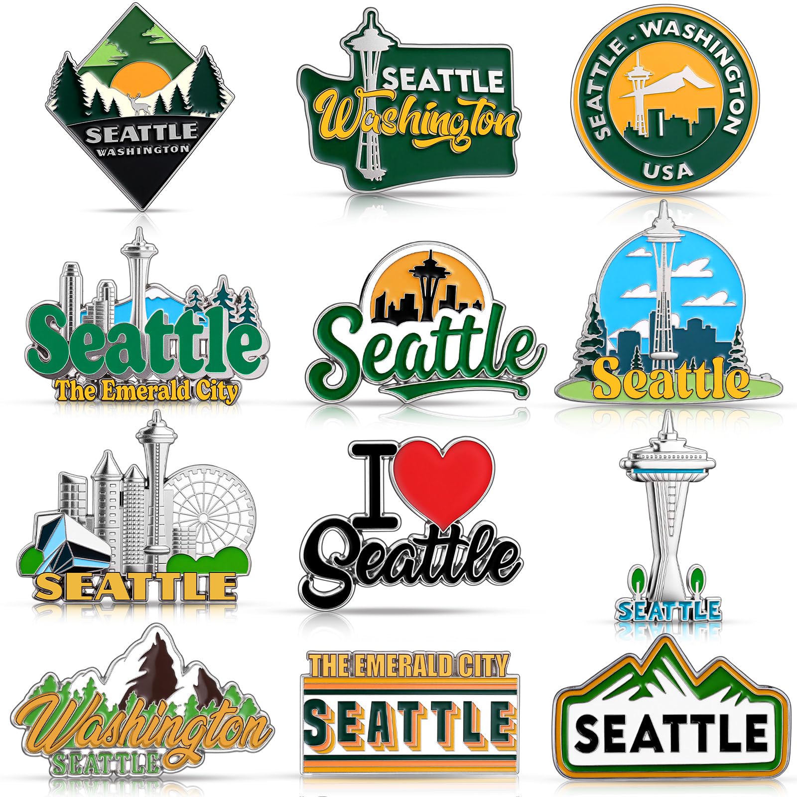 Konohan 12 imanes magnéticos de Seattle para nevera, de metal, Washington, recuerdos de Seattle, regalos del estado de Estados Unidos, calcomanías magnéticas para refrigerador, aguja espacial