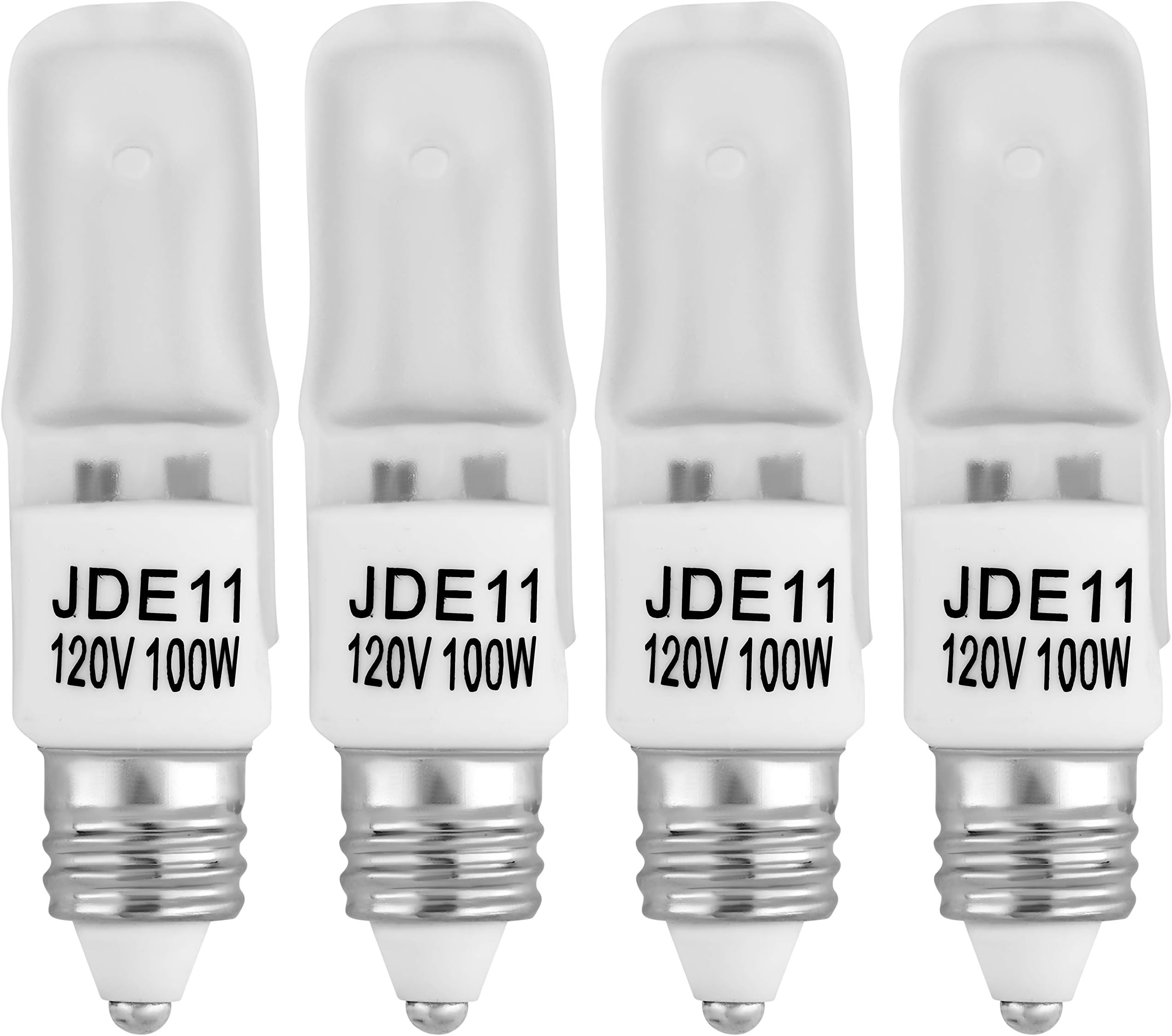 4-Pack JD E11 120V 100W Frosted Halogen JDE11 100W Bulb Warm White 100 Watt E11 Bulb Frosted JDE11 for Chandeliers, Pendants, Table Lamps, Cabinet Lighting, Mini-Candelabra Base, by Bluex Bulbs