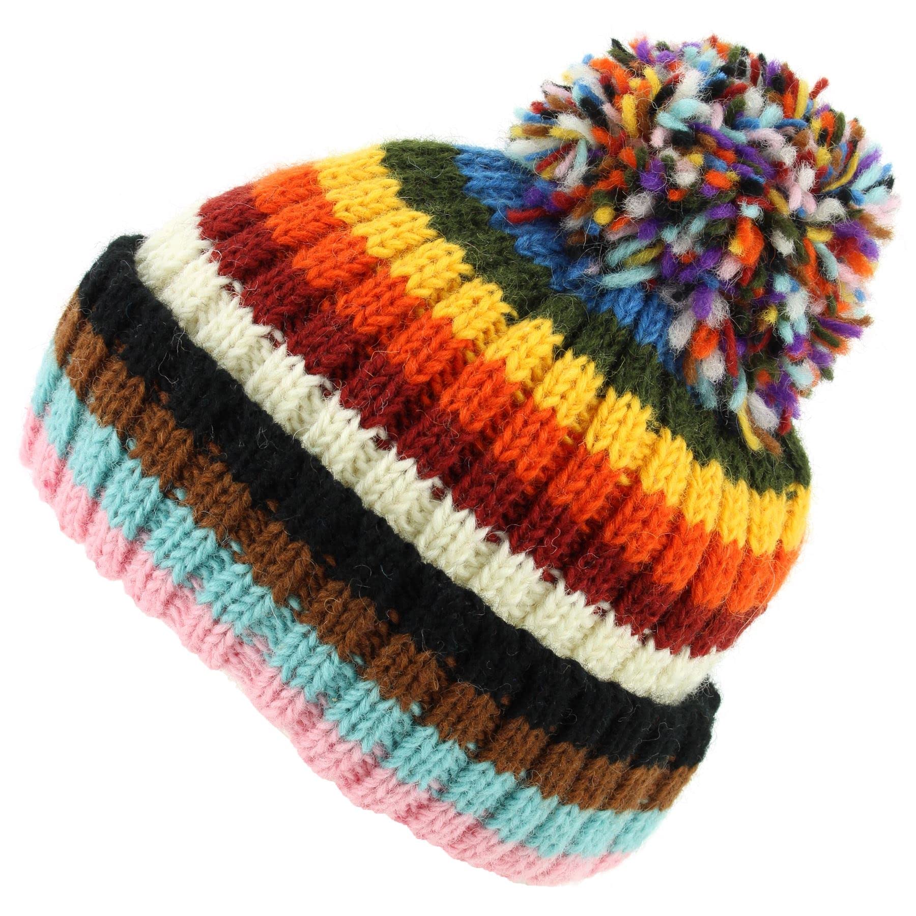 LOUDelephant Hand Knitted Wool Beanie Bobble Hat - Stripe Progress Rainbow