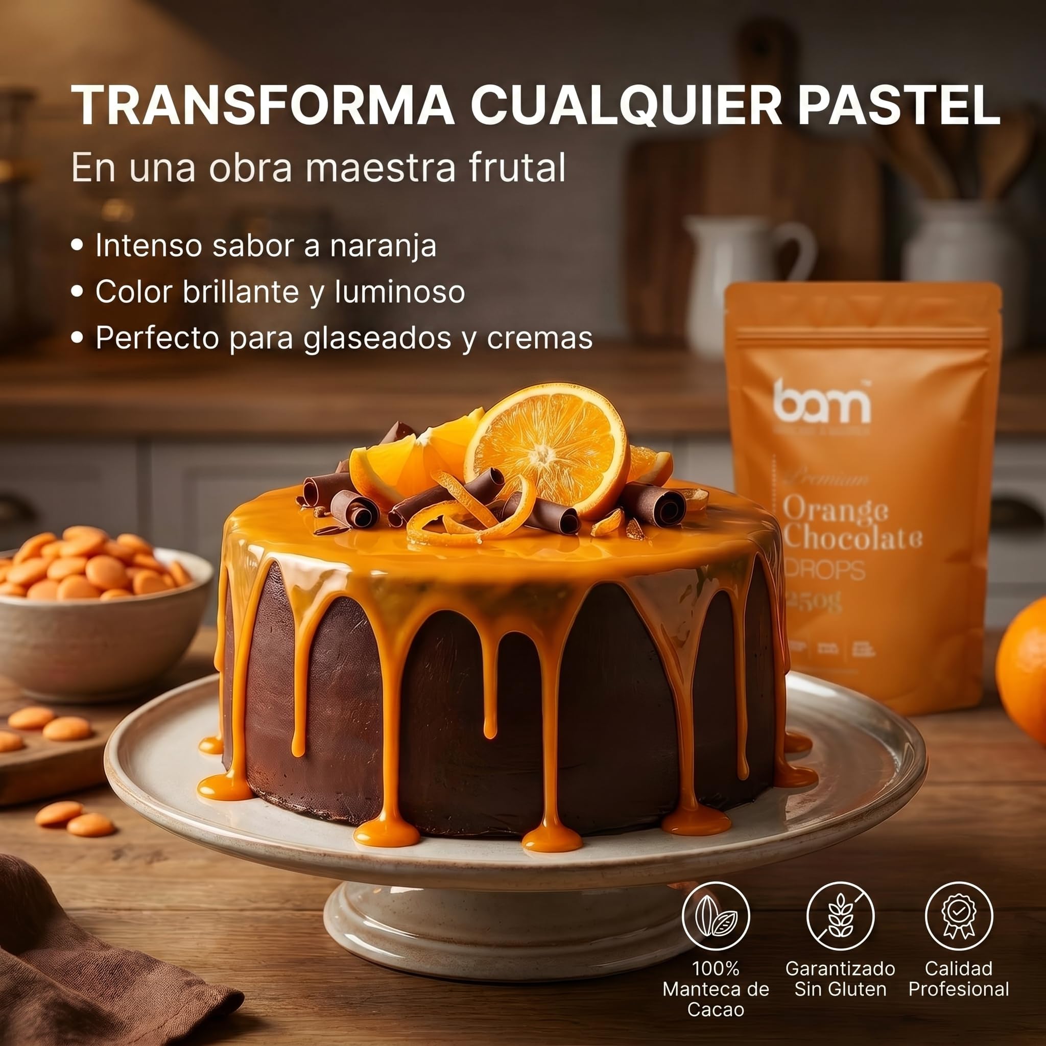 BAM Gotas de Chocolate Naranja 250 g Callets Chips para fundir repostería