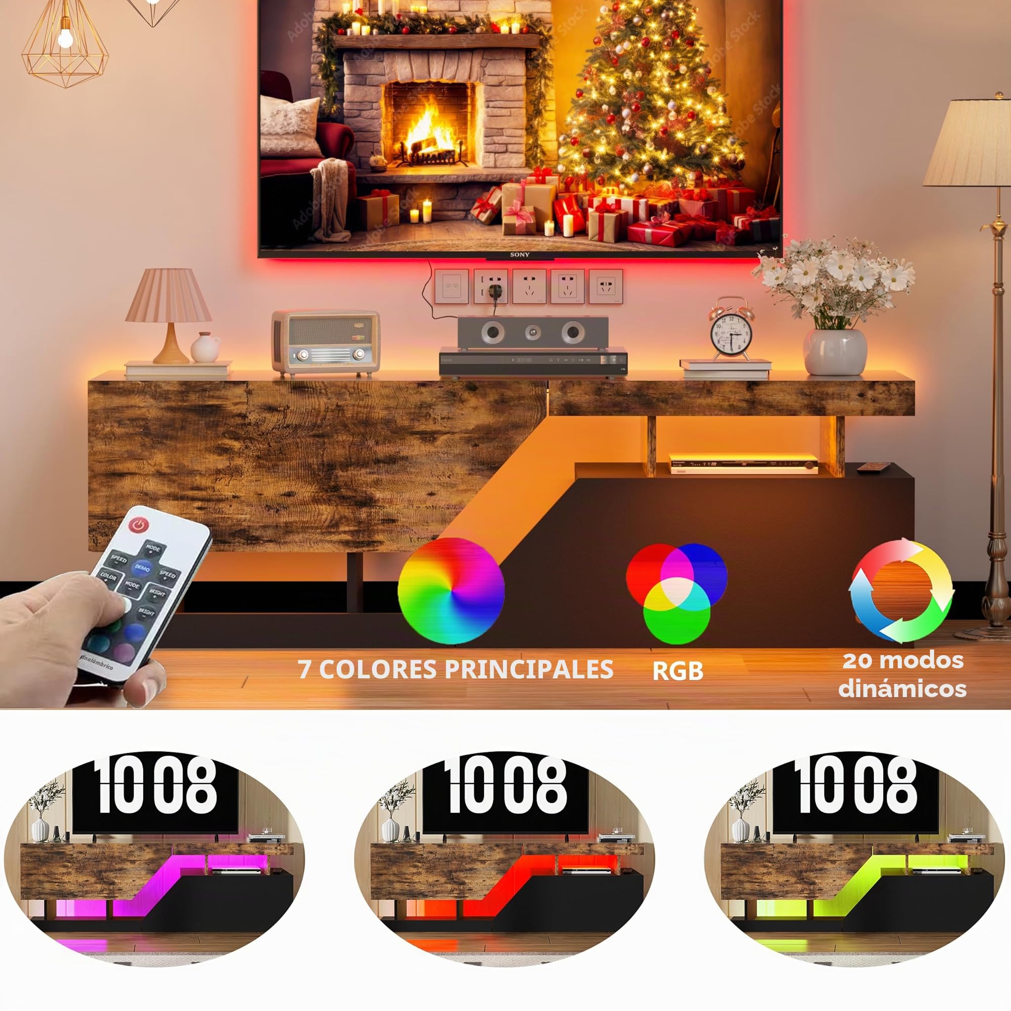 MSFE Mueble bajo para TV 140CM Mesa de TV con iluminación LED 2 Puertas/Puertas Apertura sin Asas Aparador para TV de hasta 65 Pulgadas Mueble bajo para la Televisión Armario bajo de TV para Salón