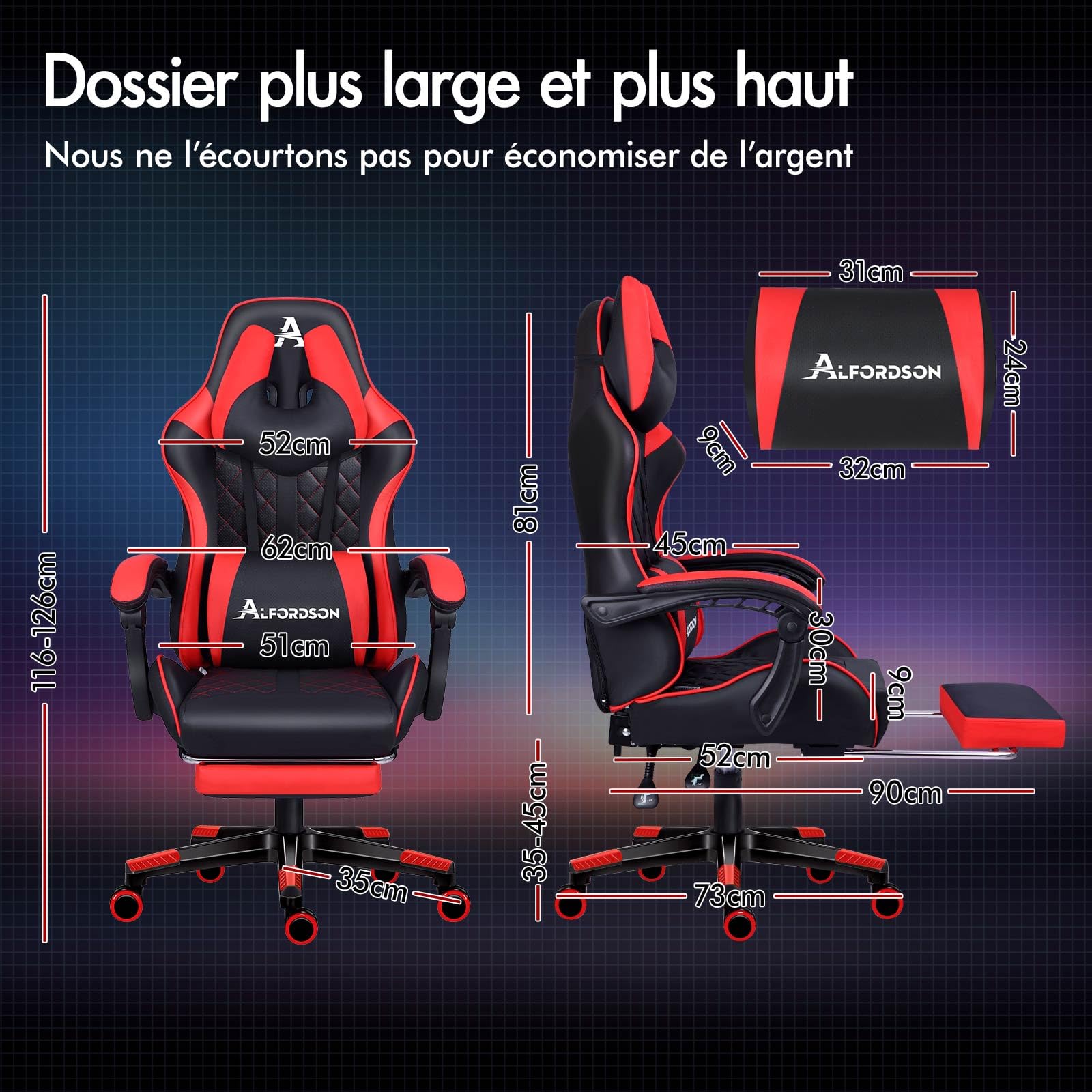 ALFORDSON Chaise de Jeu avec Repose-Pieds et Coussin Lombaire, Chaise de Bureau Ergonomique avec Inclinaison à 150°, Chaise de Bureau pour Jeux vidéo à Dossier Haut, capacité de 180 kg, Rouge