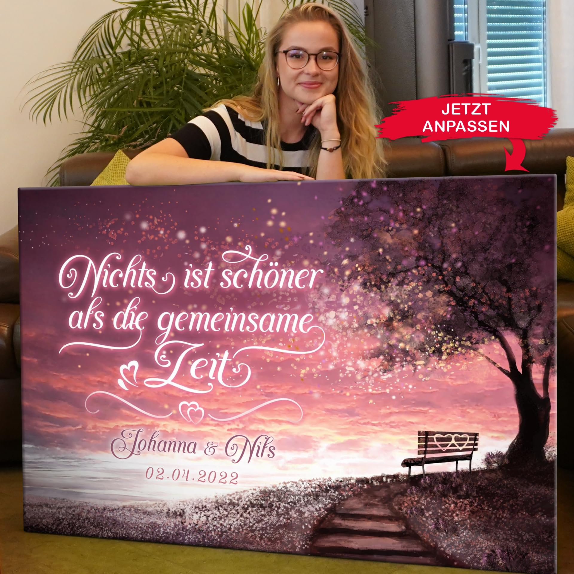 Liebesleinwand Romantischer Ausblick | Leinwand mit Namen und Datum | Wandbild gestalten, Jahrestag Geschenk für Frauen und Männer