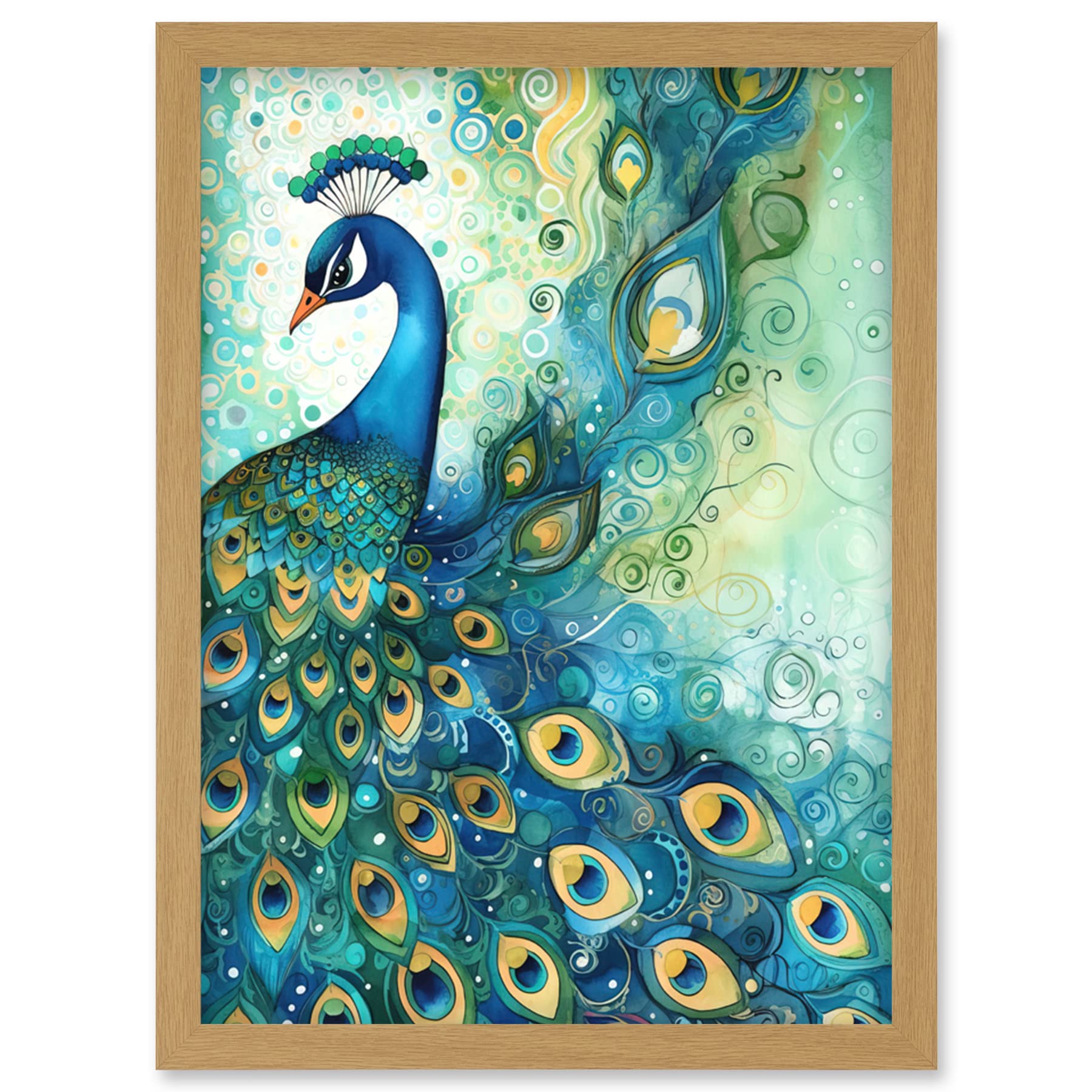 Artery8 Peacock Bird Concept Folk Art Watercolour Painting Artwork Framed Wall Art Print A4
