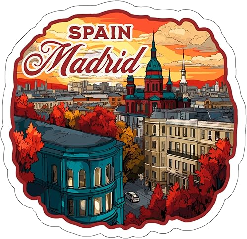 Adhesivo de Madrid para camping de España, vintage, vinilo pequeño impermeable para botella de agua, taza, libro de pasaportes, cuaderno de