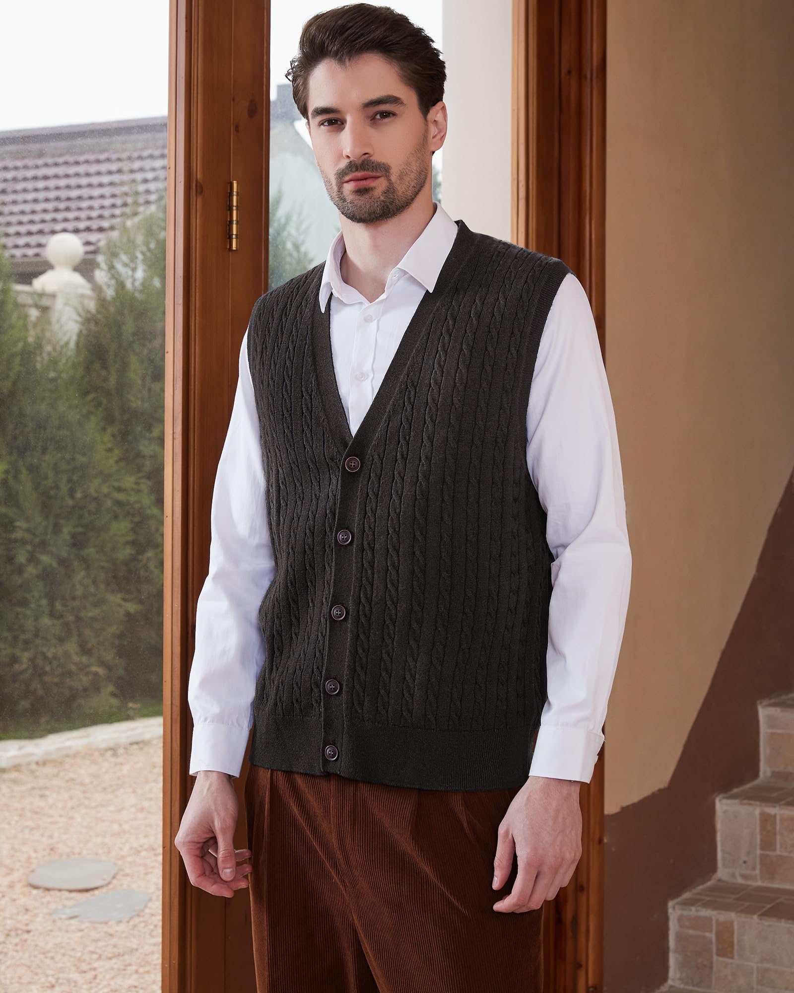 Kallspin Maglione Cardigan da Uomo con Scollo a V e Lavorazione a Cavo con Bottoni in Misto Lana