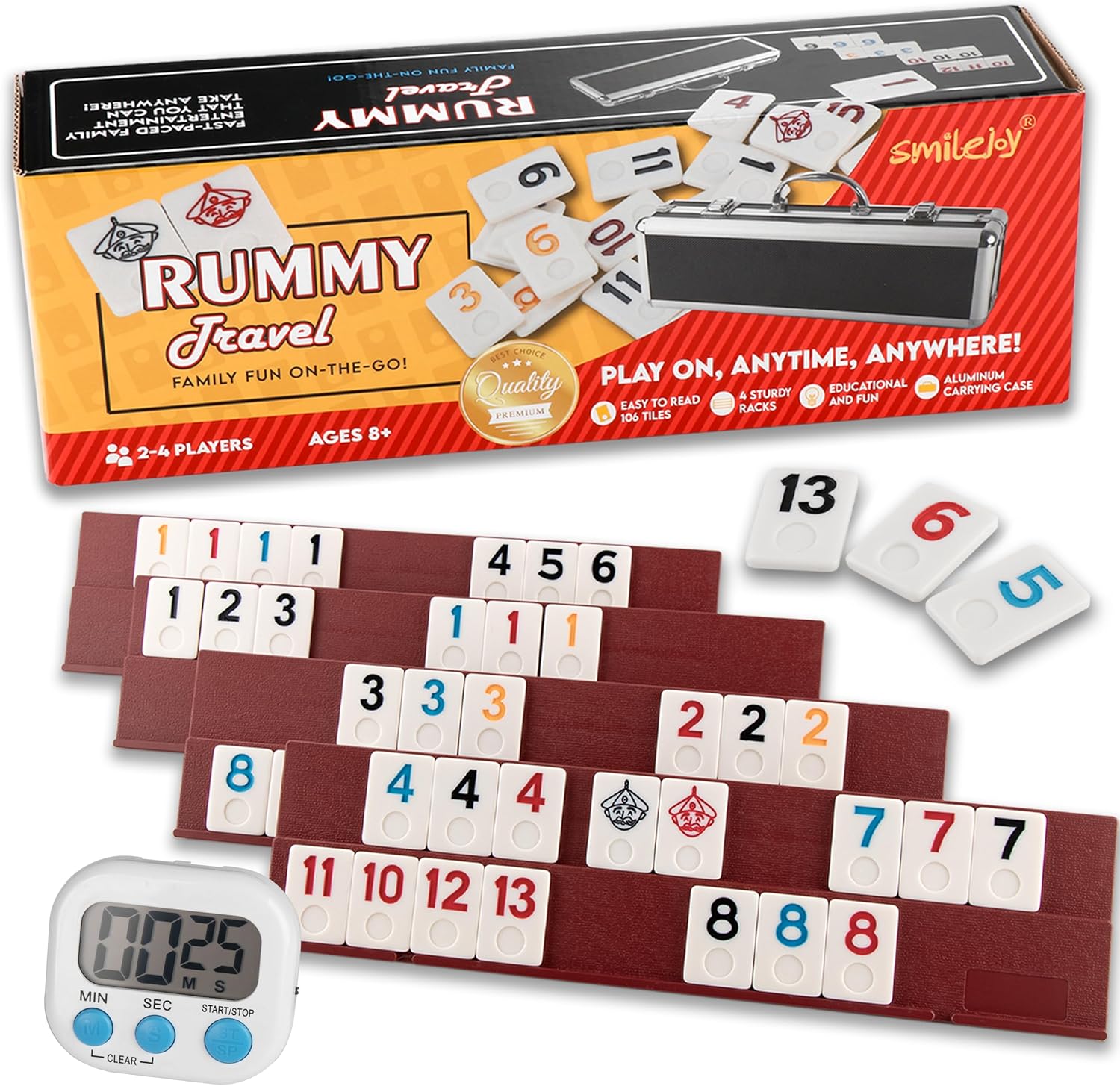 Smilejoy Rummy Cube Game Four Players Edition, Deluxe 106 Tiles Rummy Cube with Portable Aluminum Box, Classic Board Game for Children and Adults,4 Durable Plastic Trays,Timing(2-4 palyers)