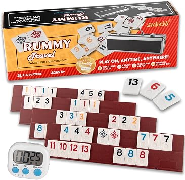 Smilejoy Rummy Cube Game Four Players Edition, Deluxe 106 Tiles Rummy Cube with Portable Aluminum Box, Classic Board Game for Children and Adults,4 Durable Plastic Trays,Timing2-4 palyers