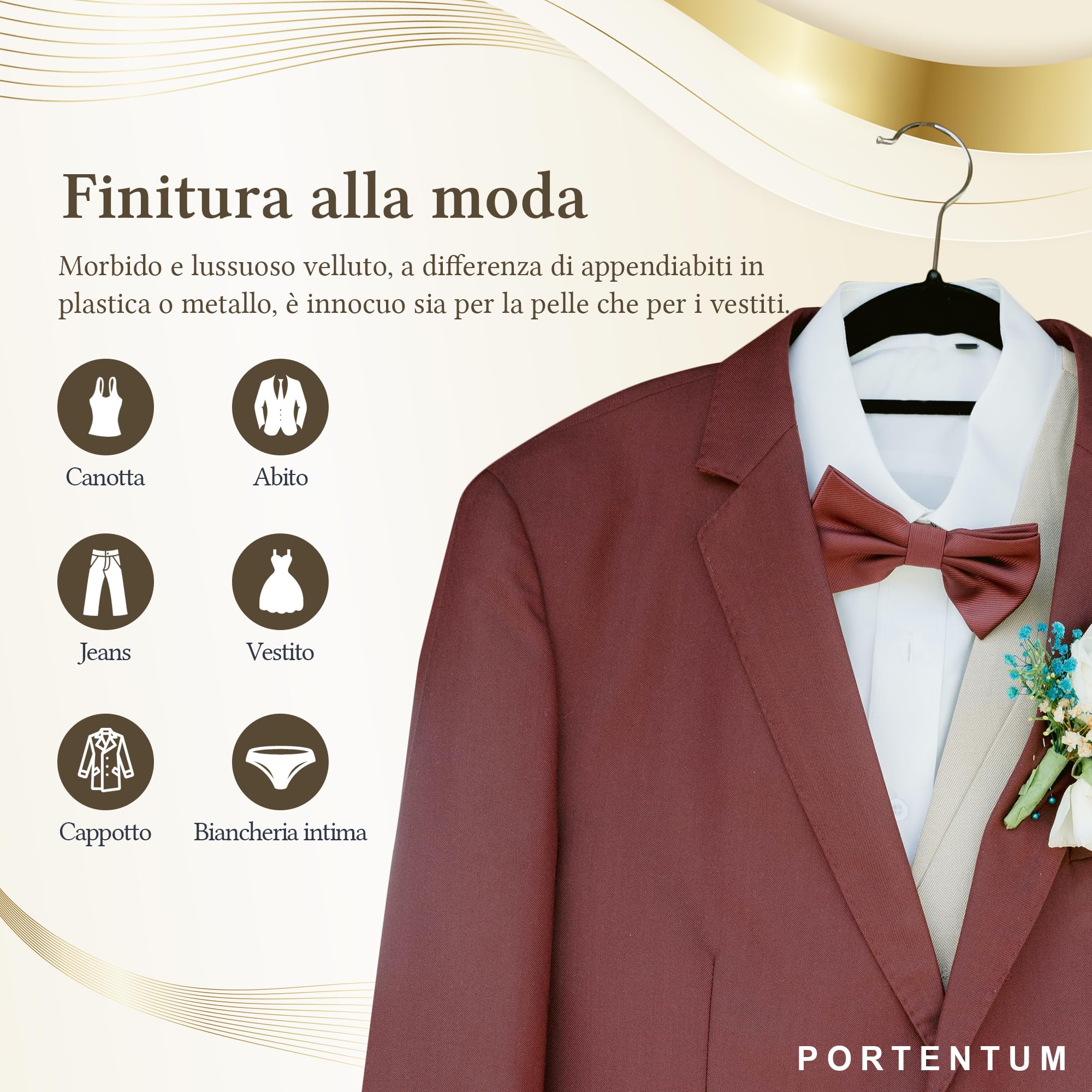 PORTENTUM Grucce in Velluto, Confezione da 50, Nero - Antiscivolo con Gancio Girevole 360º, Scanalature e Supporto Accessori, Salvaspazio 0,6 cm Spessore, Made in Spain