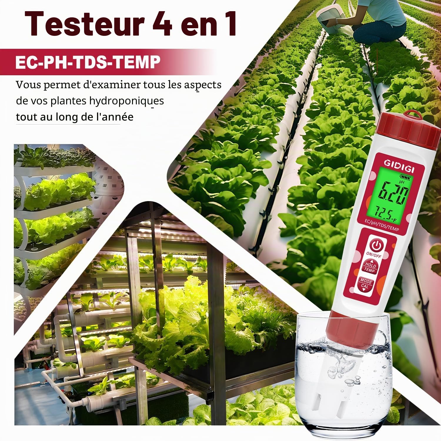 Compteur de pH, testeur de ppm hydroponique, compteur de pH ppm de nutriments, compteur numérique de température TDS EC pH et ppm pour l'eau, aquarium, piscines（manuel d'instructions en anglais）
