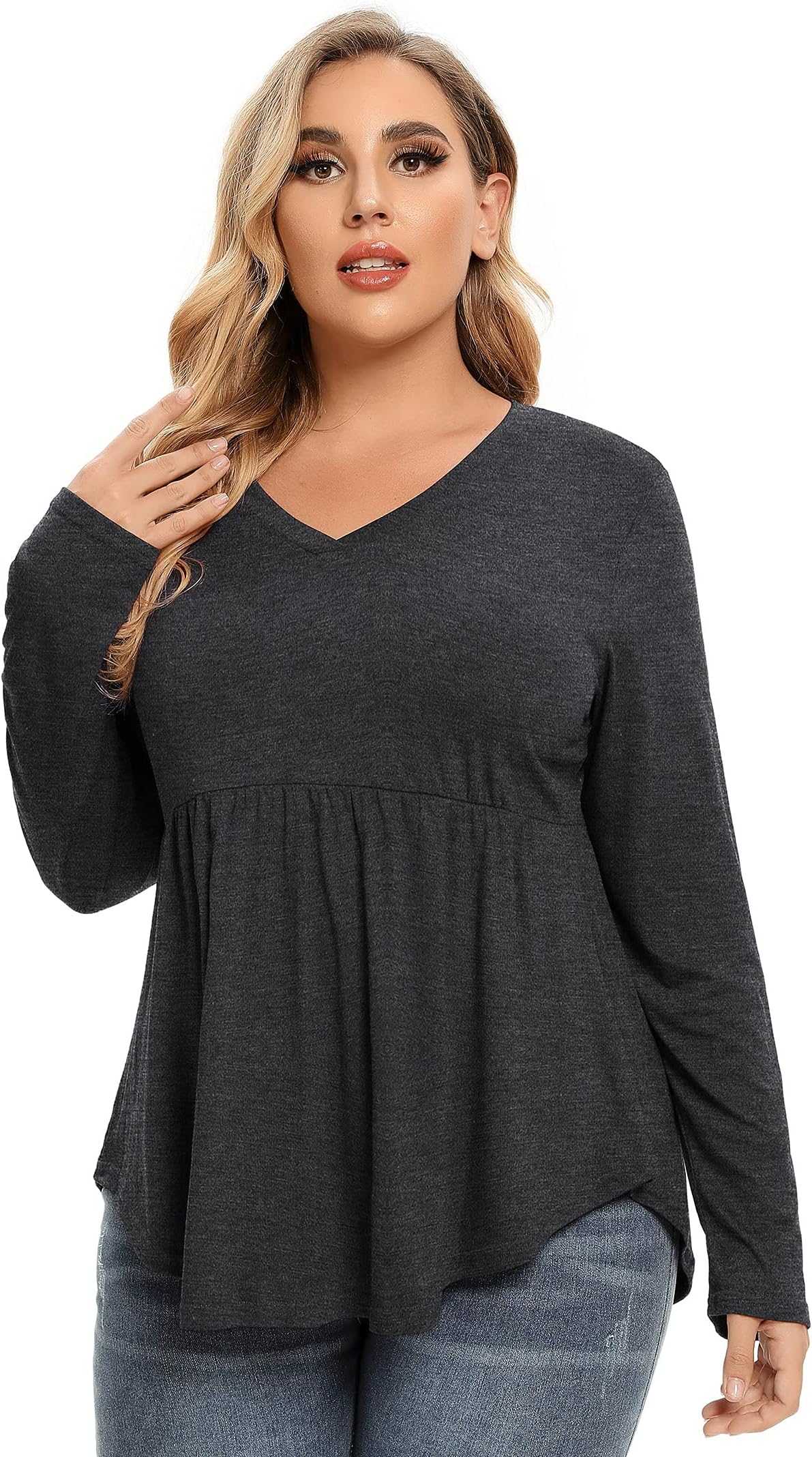 Womens Plus Size Shirts Plus Size V Neck Long Sleeve Tops Women Pleated Tunic Tops