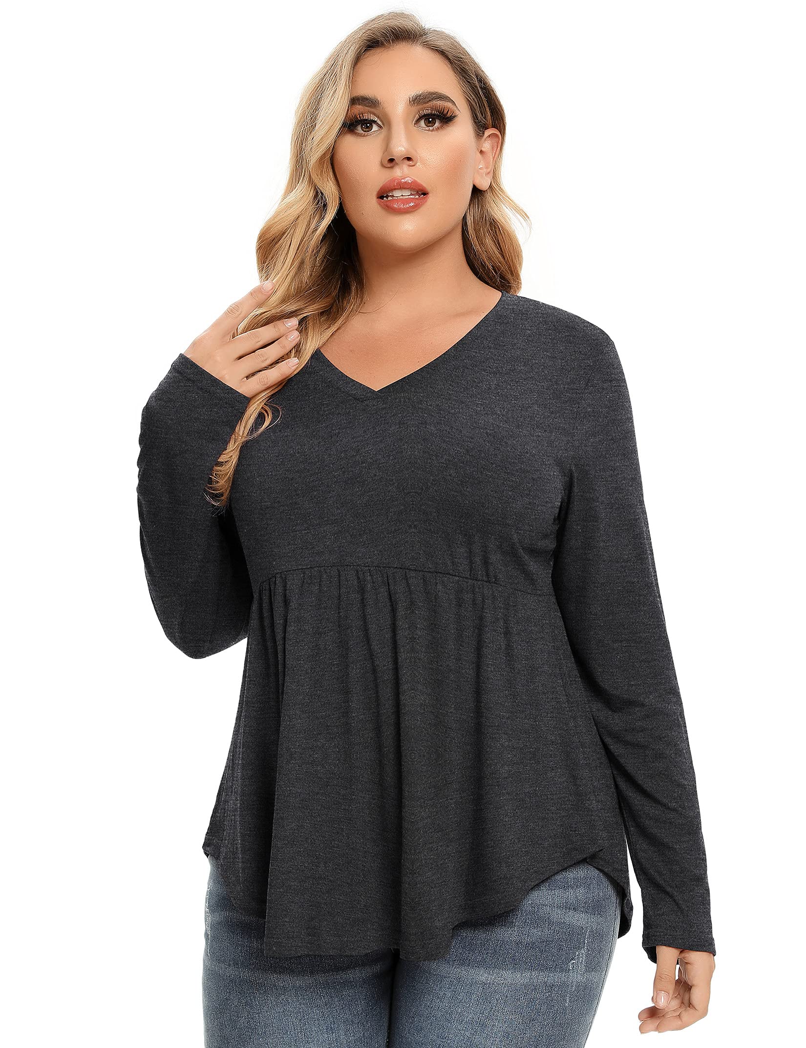 Womens Plus Size Shirts Plus Size V Neck Long Sleeve Tops Women Pleated Tunic Tops
