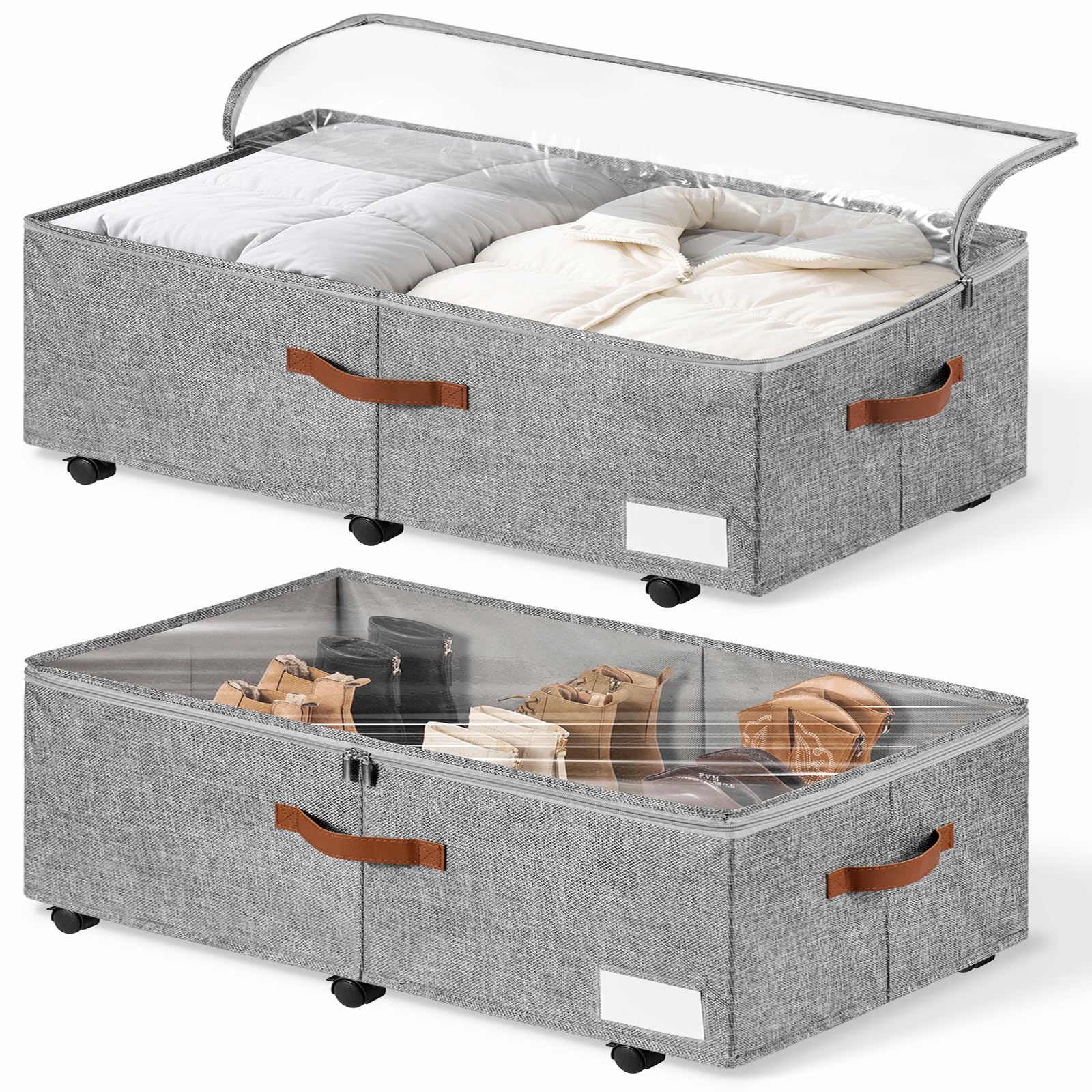 KitHero 60L Large Under Bed Storage with Wheels Pack of 2, Underbed Shoe Container Bin with Clear Lid Cover, 10.5 Inches Rolling Under Bed Drawer Storage Bag Basket for Boots Quilt Sweater - Grey