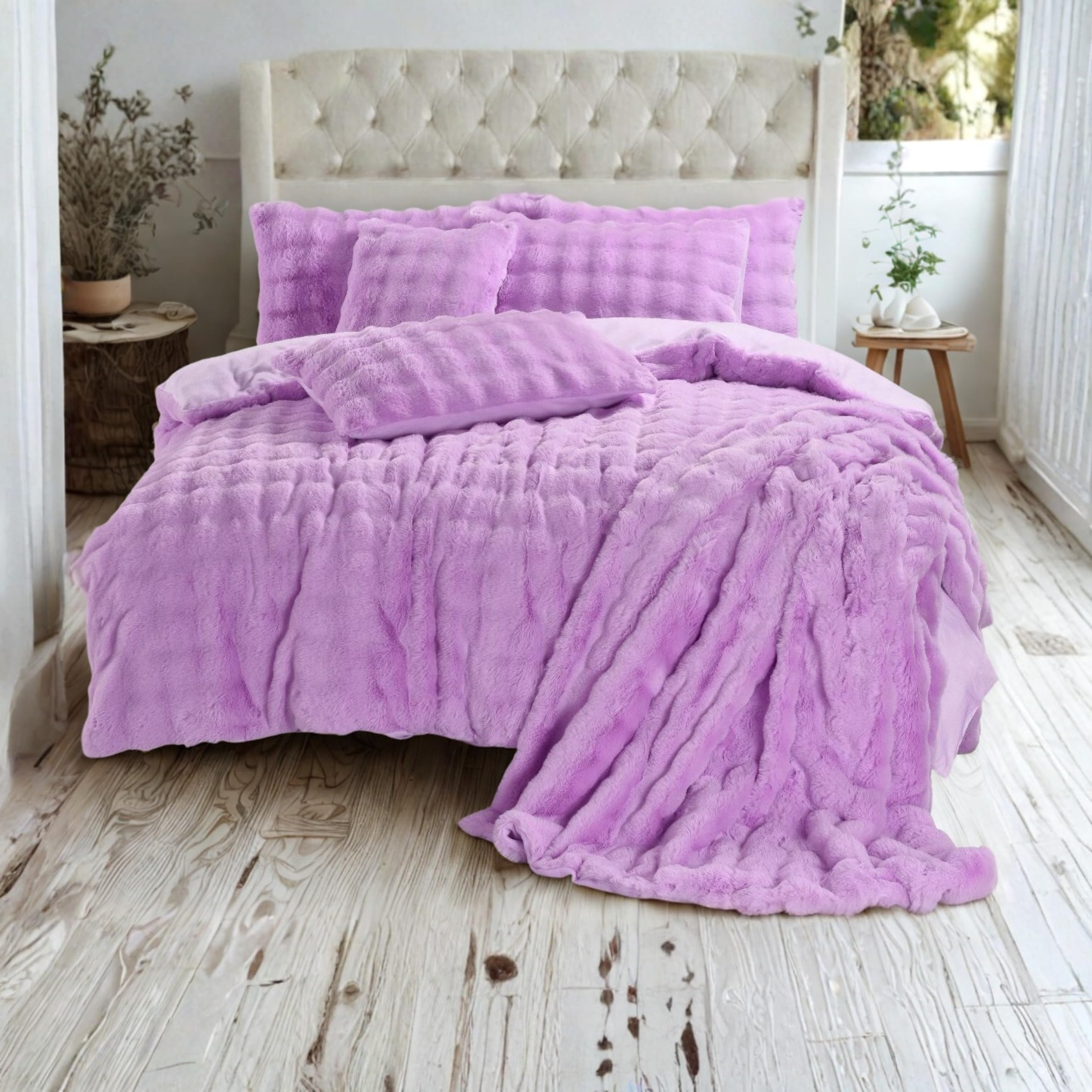 Dolce Vari Luxury Bubble Square Teddy Duvet Cover Set Super Soft Fluffy Warm & Cosy Bedding Set with Pillowcases (Lilac, Super King)