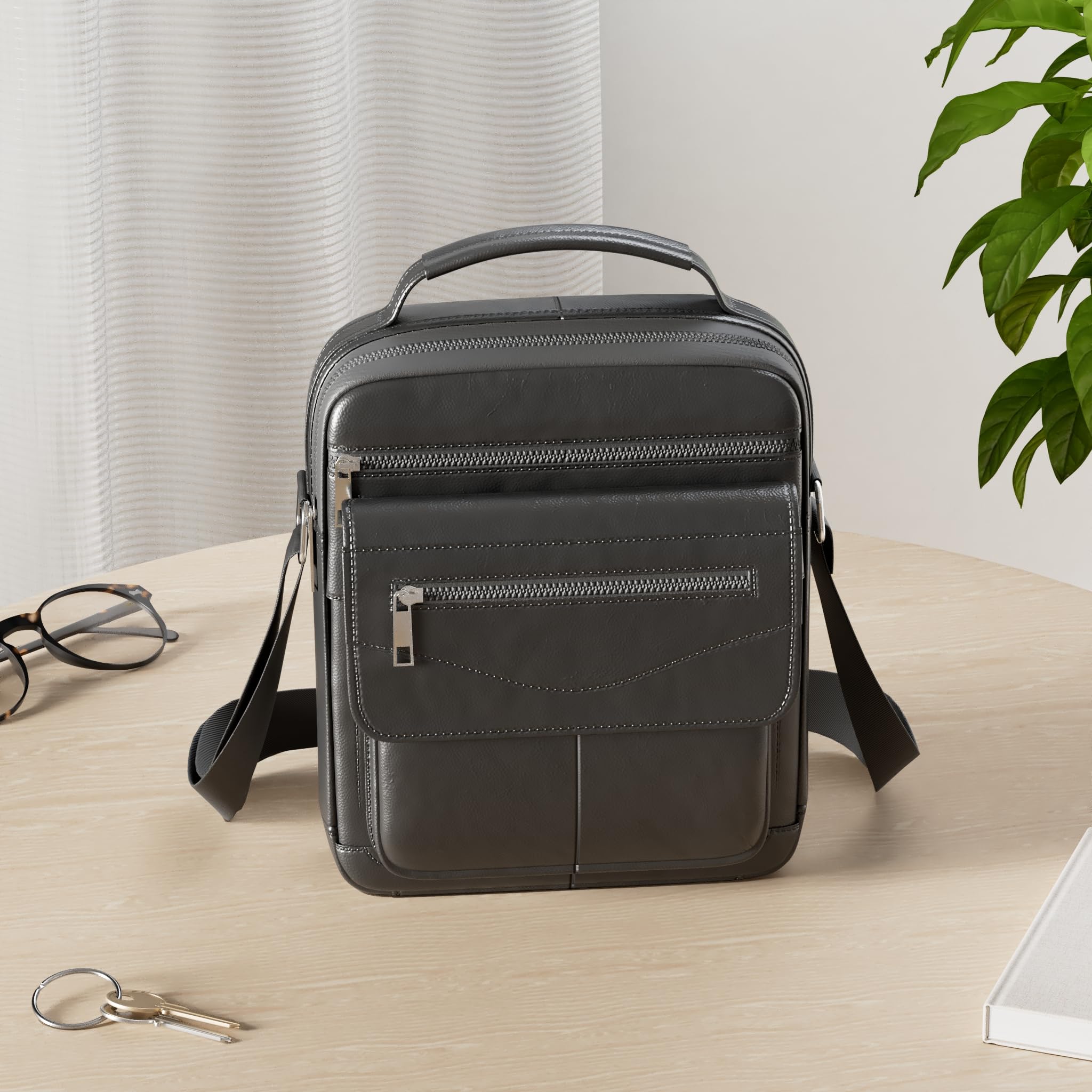 SPAHER Bandolera de Cuero Grande Bolso Piel Caballero Mariconeras para Hombres Man Bag