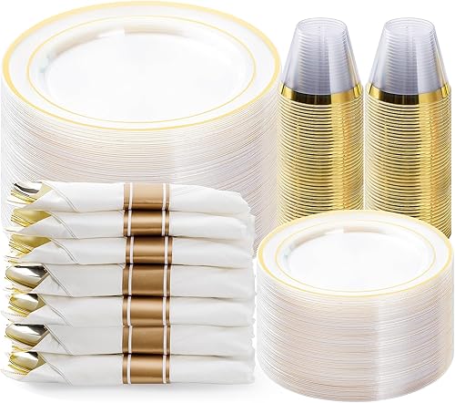 Miniatura 1 de Juego de vajilla de plástico dorado transparente de 350 piezas, platos de fiesta desechables para 50 invitados, incluye 100 platos de plástico, 50