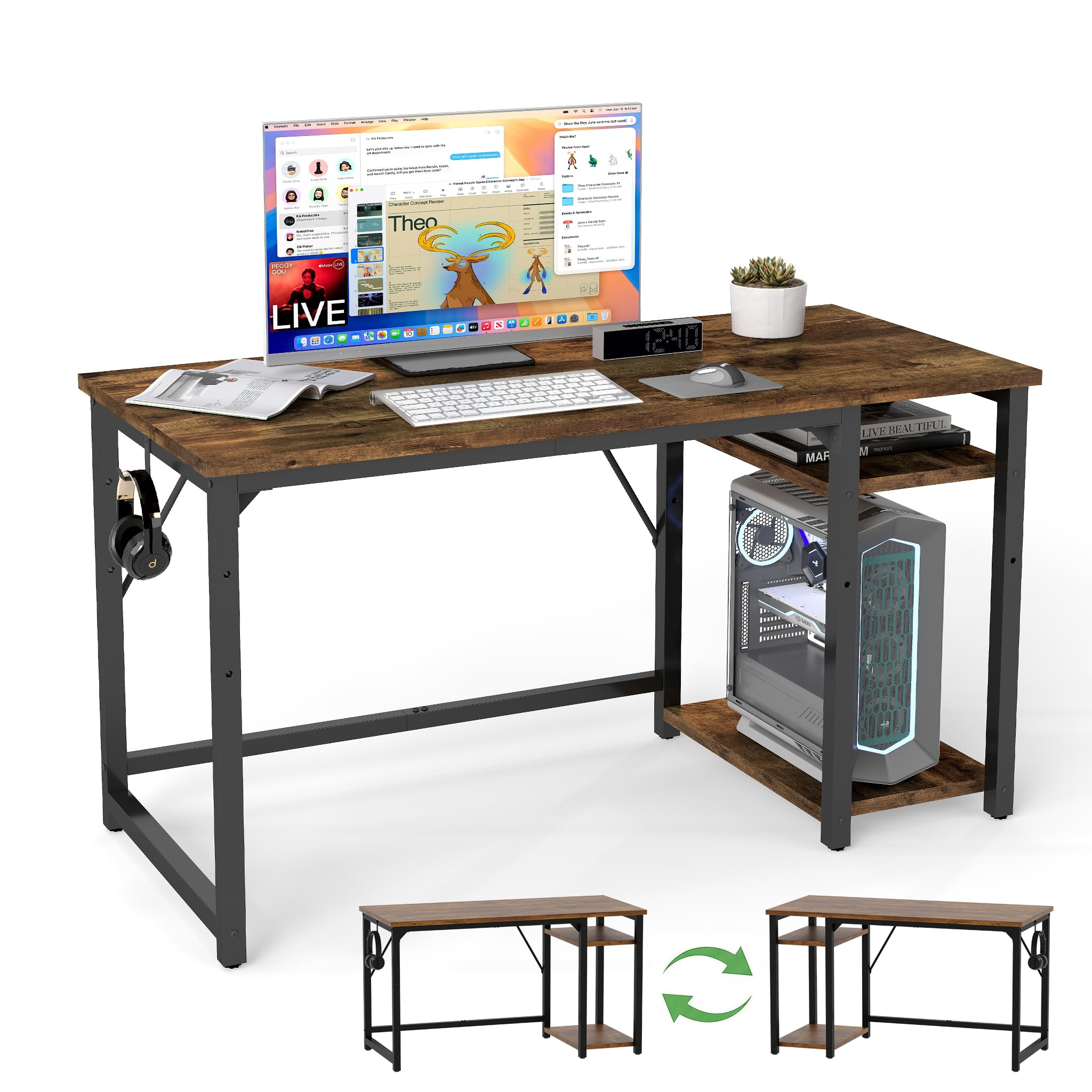 Airfish Mesa Escritorio, Escritorio Ordenador con Estanteria, Mesa de Juego, 120x50x75cm, con Estante Organizador, Gancho para Auriculares, para Oficina, Dormitorio, Sala de Estudio Marrón