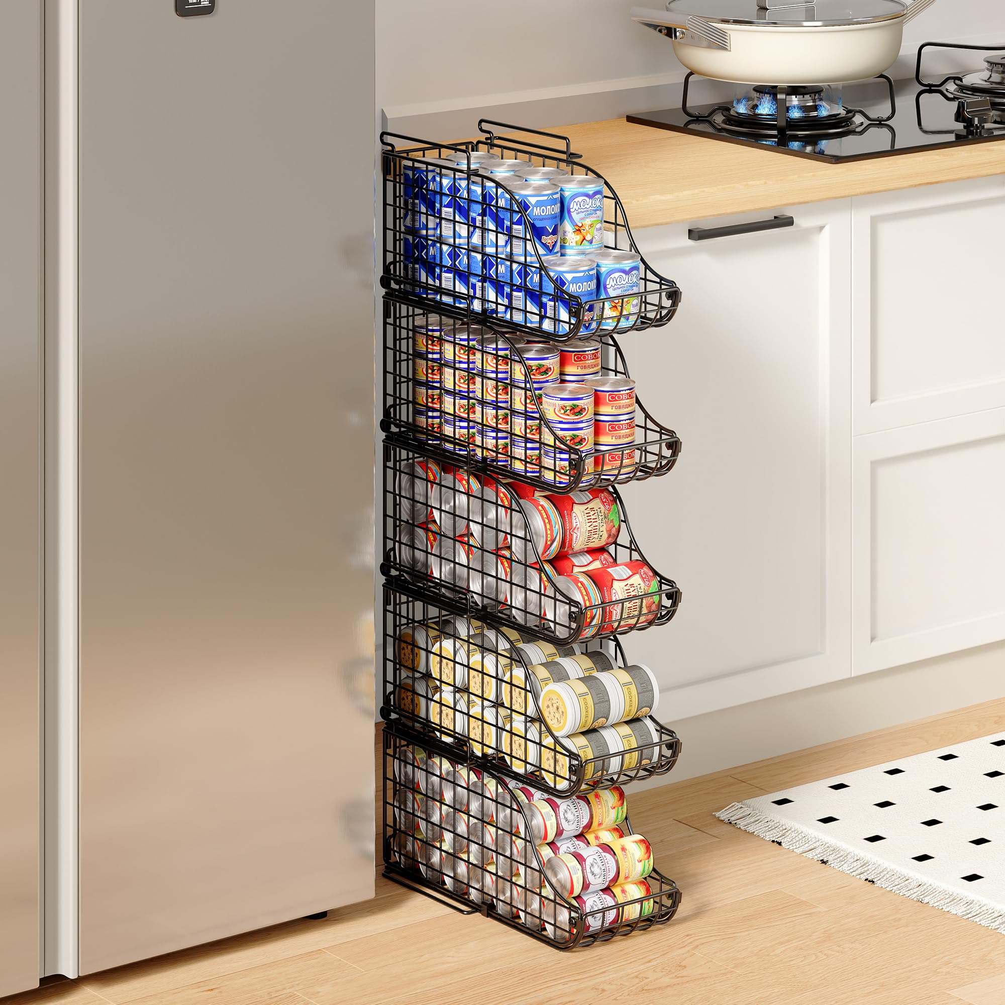 Paquete de 8 organizadores de latas para despensa, estantes apilables de soda para nevera, almacenamiento de armario de alambre, capacidad para hasta 72 cervezas, cubo de metal pequeño para bebidas 4