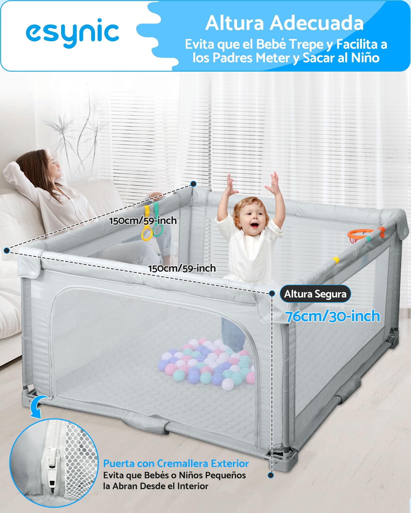 eSynic Parque Infantil Bebé Plegable 150x150 cm Corralito Bebé Grande con Colchoneta Centro de Actividades Playpen con Malla Transpirable Pelotas Canasta Uso Interior Exterior Portátil Gris