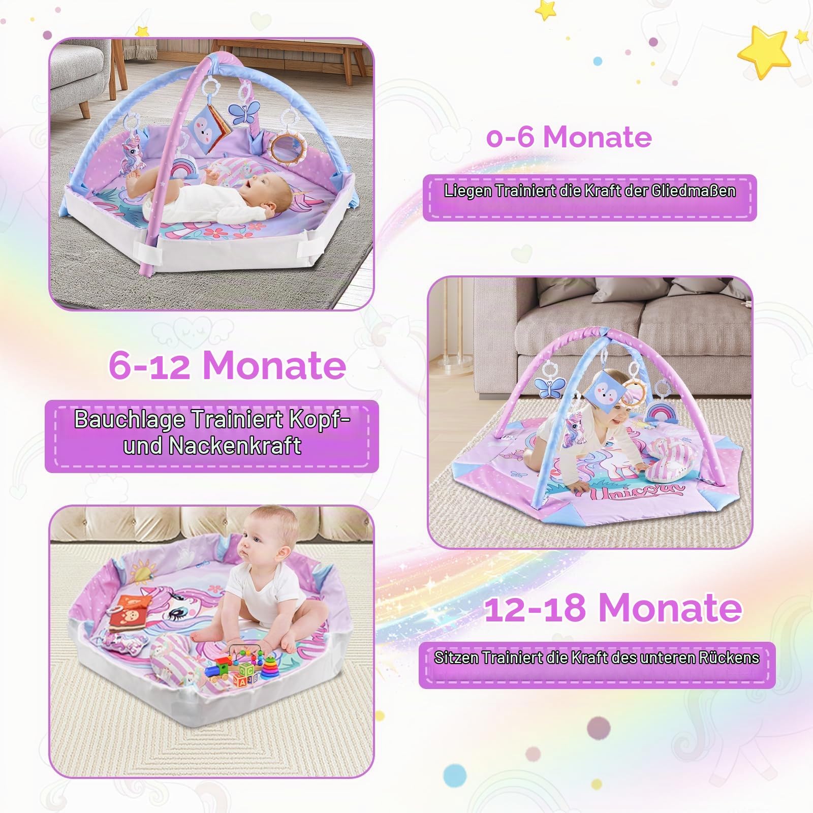 Einhorn Spielbogen Baby 4 in 1, Krabbeldecke mit 5 Hängespielzeug Kissen, Faltbar Weich Krabbelmatte Baby ab 3-24 Monate, Frühe Sensorische Entwicklung Play Mat für Neugeborene