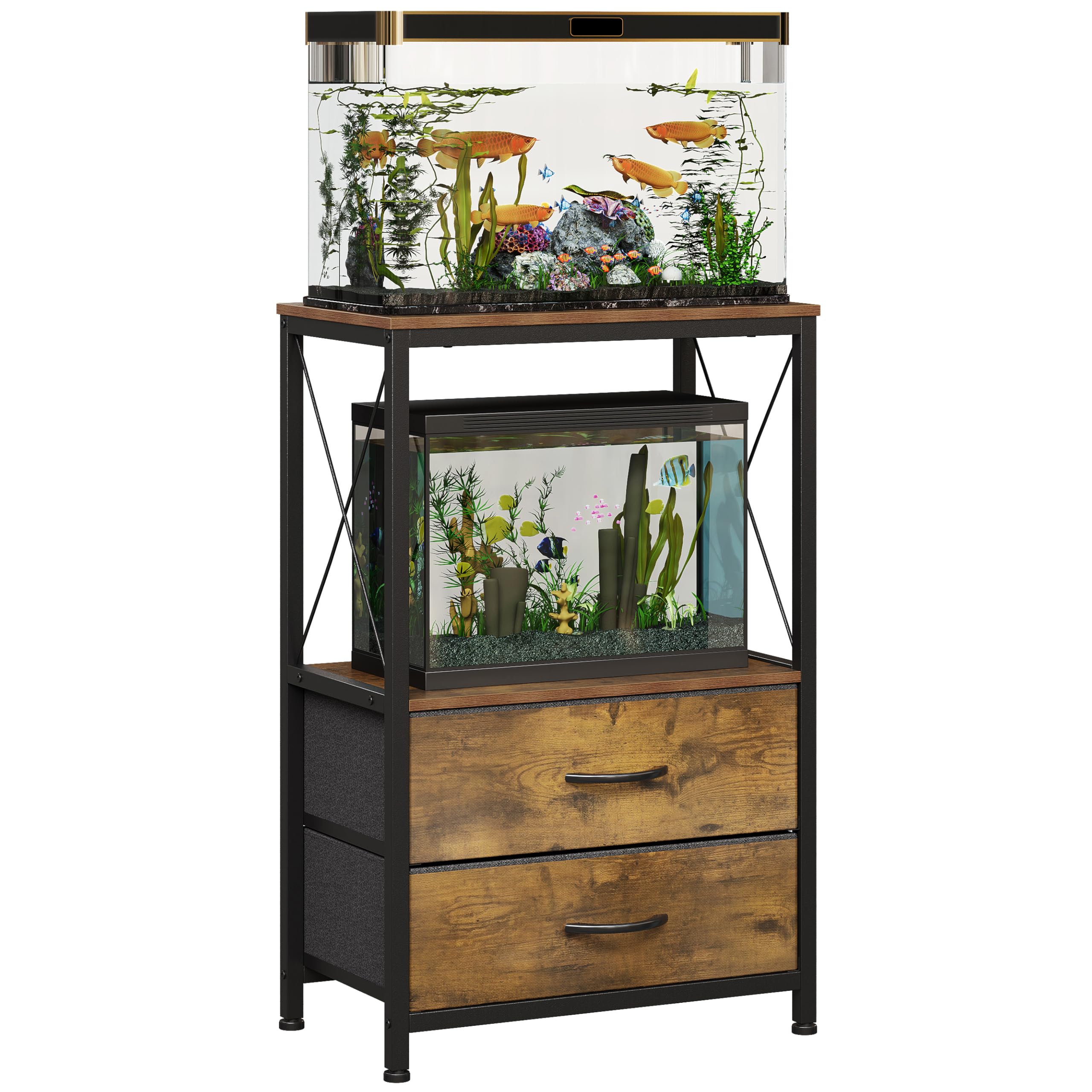 Soporte para acuario, 38 L, con 2 cajones, para peces, tortugas y reptiles, mesa de 2 niveles, marrón rústico