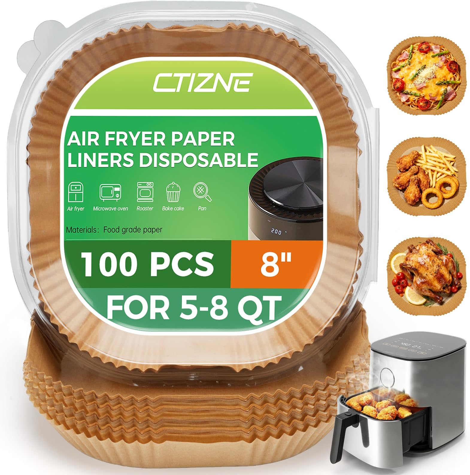 Air Fryer Liners Disposable, 100 PCS Non-Stick Air Fryer Paper Liners, Waterproof and Oilproof for Easy Cleanup, 8" Square Unbleached Parchment Paper for 5-8 QT Air Fryer, Baking, Microwave, Oven