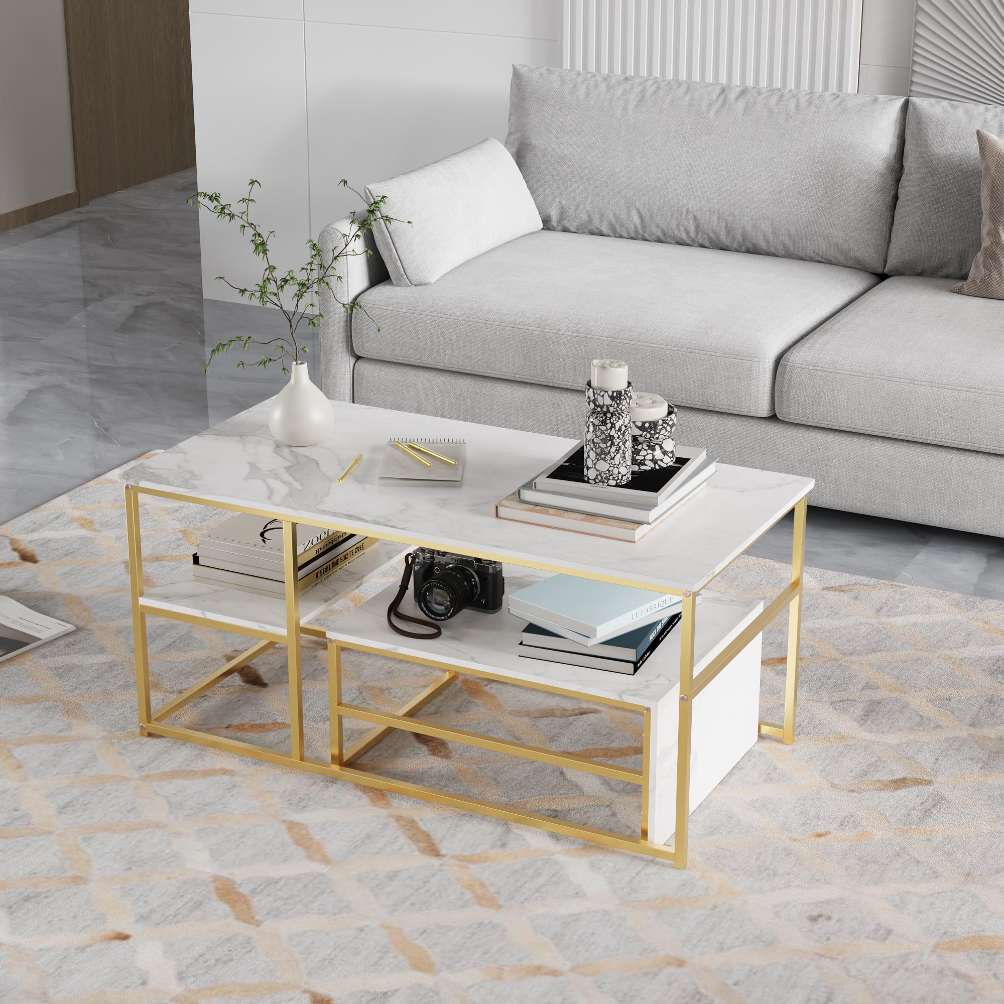 Juego de 2 Mesas de Salón Rectángulo: Mesa Centro + Auxiliar - Mesa de Café Anidables con Estructura Metal para Sala de Estar,Modernas,Blanco Dorado