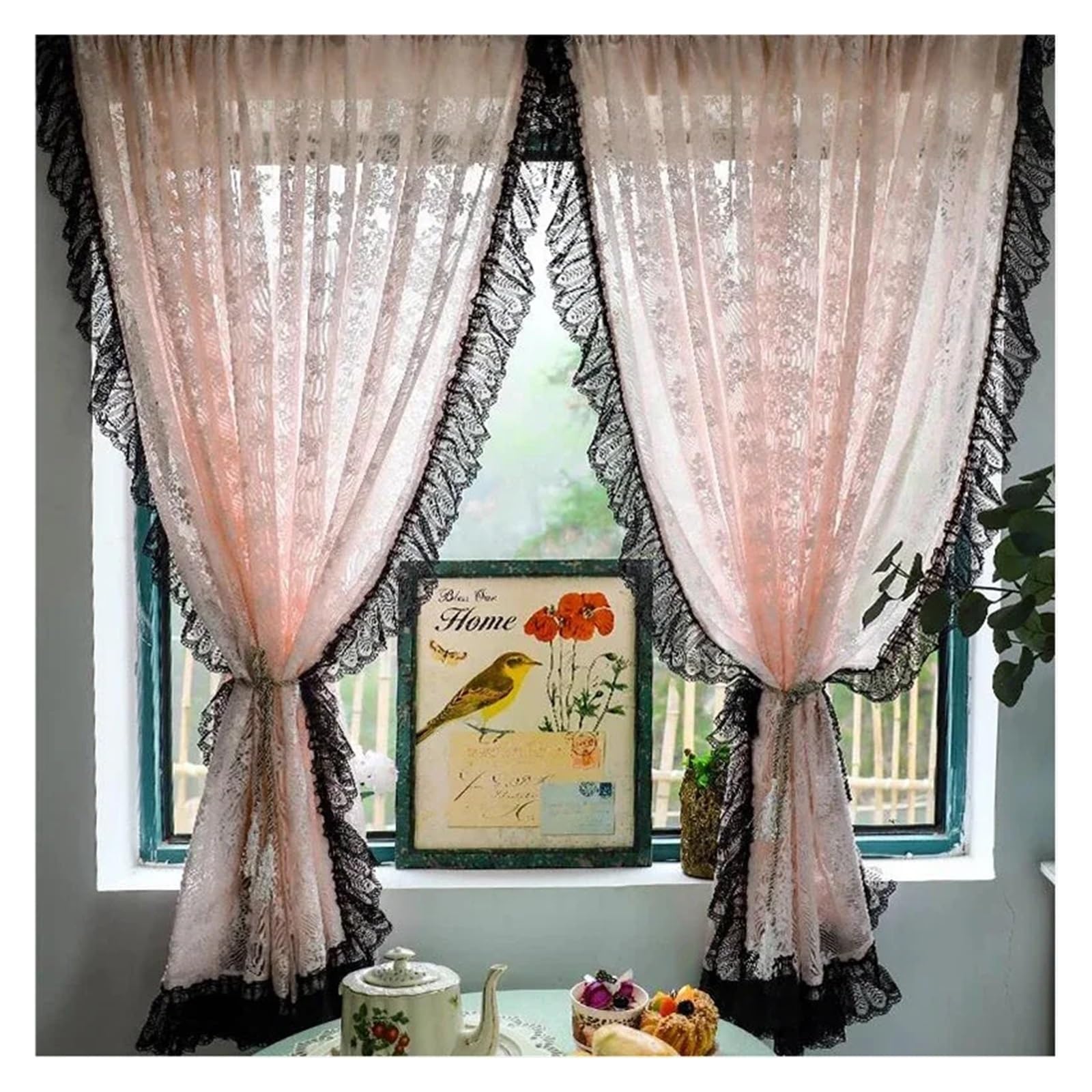 DFGRGRV Ruffle Curtains Romantic French Pink Sheer Lace Floral Curtains Black Lacework for Bedroom Elegant Living Room Decoration(1piece W100 X H125CM)