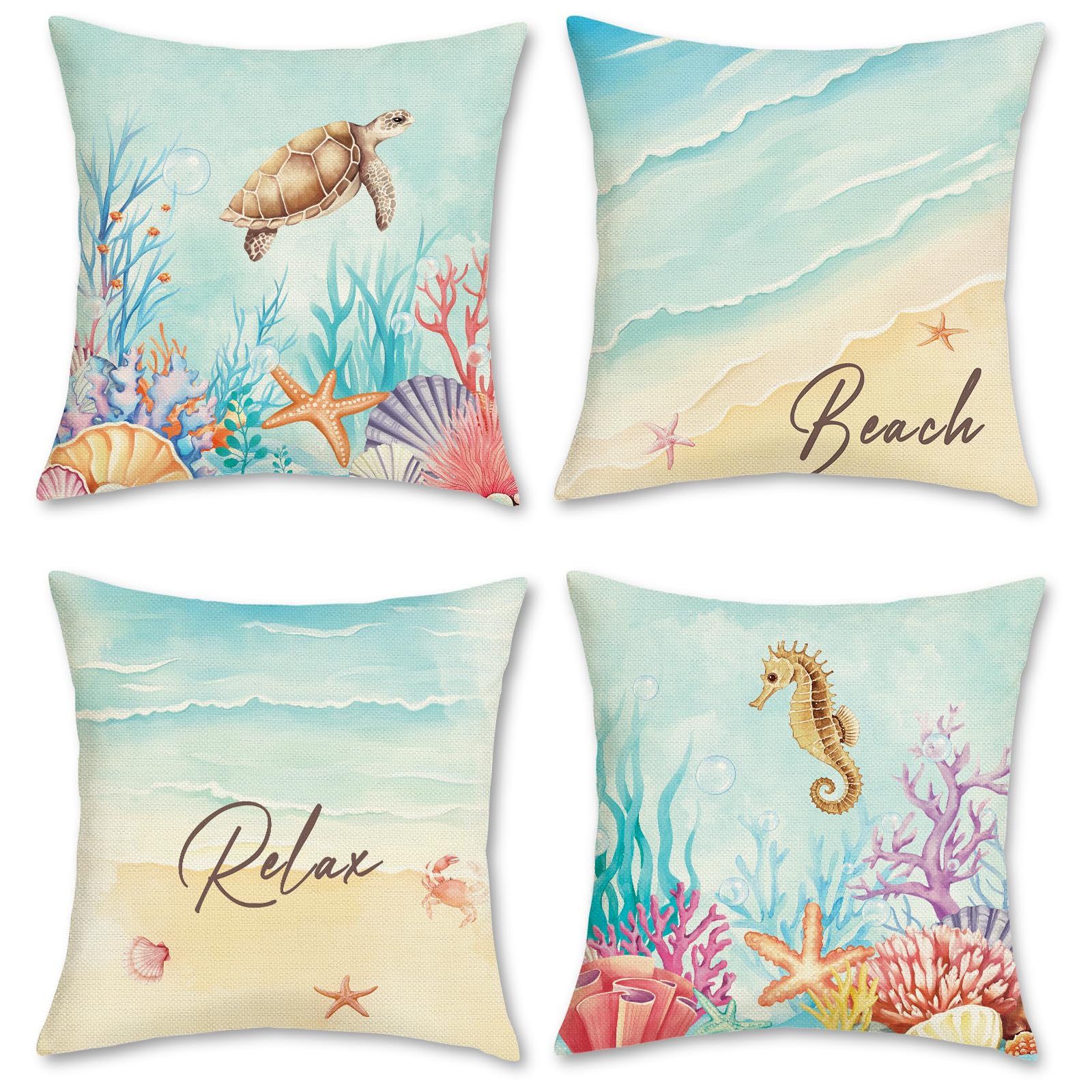 COZZSNUGE Sommer Ozean Strand Kissenbezüge 45 x 45 cm, Meeresschildkröte Seepferdchen Küsten Polyester Dekorative Kissenhülle Zierkissenbezüge für Sofa Wohnzimmer Zuhause 4er Set
