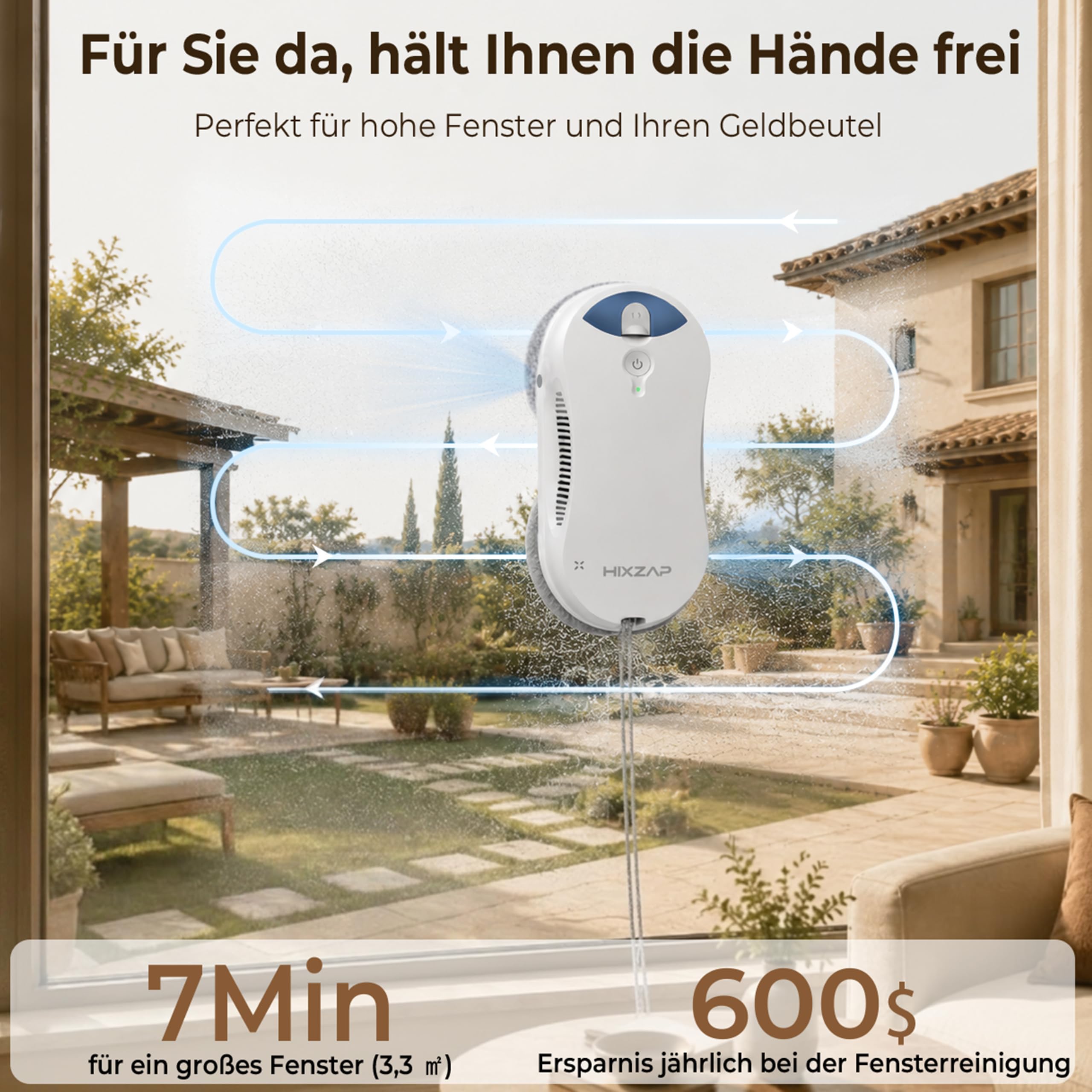 X6 Fensterputzroboter für hohe Fenster, Innen & Außen, Starke Saugkraft | 6400Pa Saugkraft, Doppelsprühfunktion, Randerkennung, intelligente Navigation, flache runde Bauform