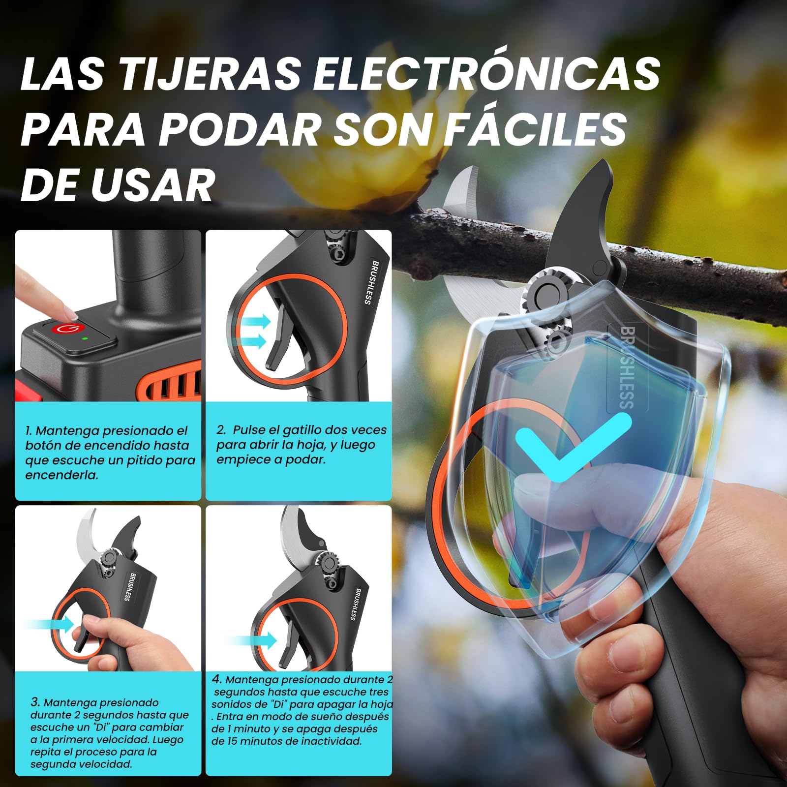 Tijeras de Podar Electricas,33-35mm Potentes Tijeras de Podar con 2 x 2000mAh Baterías, 800W Larga Duración, Silenciosa,Podadoras Profesionales sin Escobillas para Jardinería,árboles Frutales,Viñedos