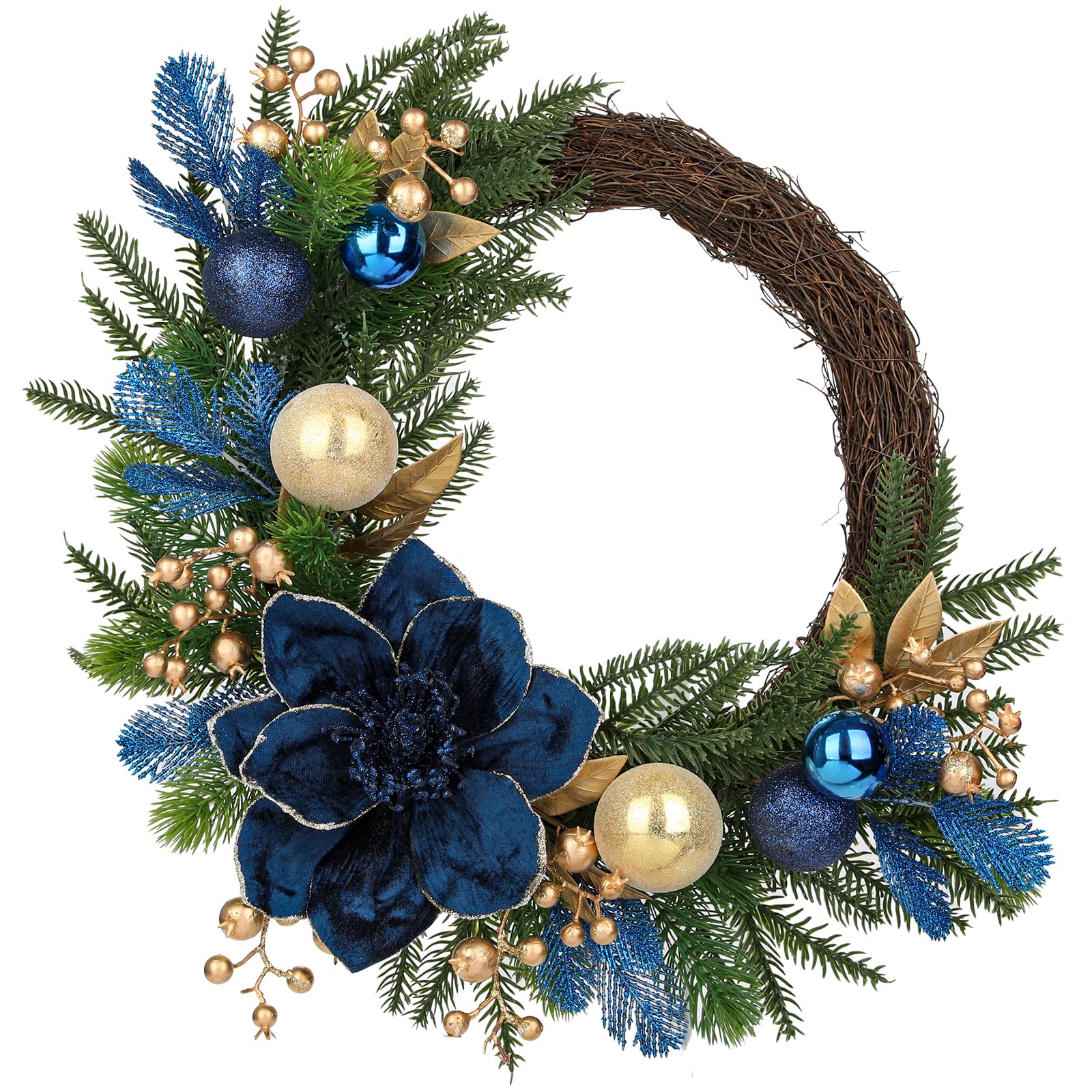 Weihnachtskranz Ø 60,9 cm – Handgefertigte Künstliche Türdekoration mit Kunstblumen, Christbaumkugeln & Tannenzweigen – Luxuriöse Weihnachtsdeko für Innen & Außen, Blau-Gold