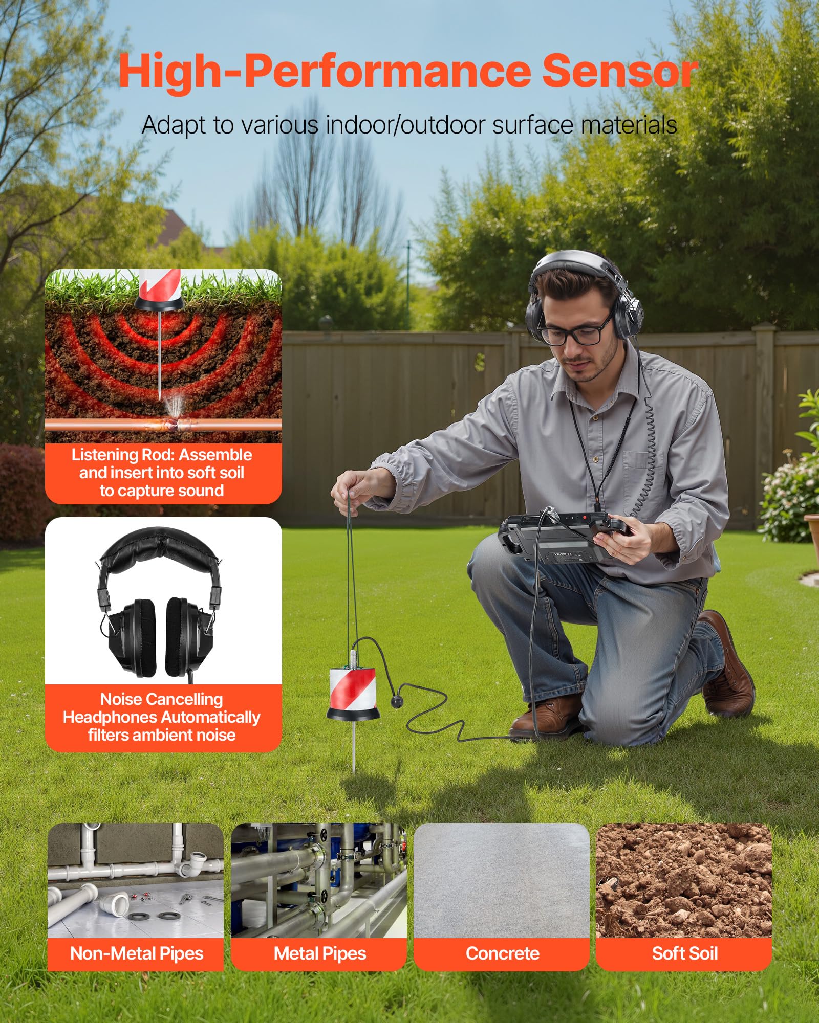 VEVOR Détecteur de Fuite d'eau Canalisations Souterraines Profondeur 2 m, 1-5000 Hz, Écran Tactile LCD, avec Capteur Sensible, 3 Sondes d'Écoute, Casque, Carte 8 Go, Étui de Transport, pour Plomberie