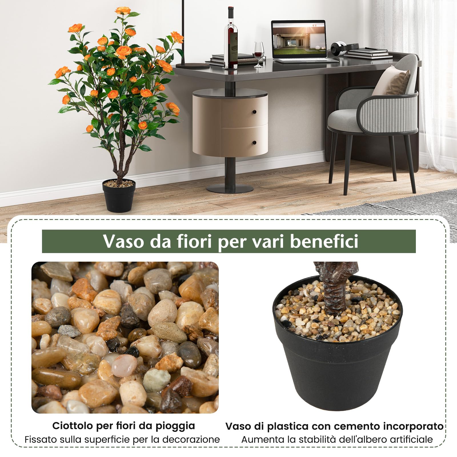 VivaGarden Pianta Artificiale Di Camelia Da 21 Fiori Con Vaso Riempito In Cemento Muschio 18x90 Cm Colore Arancione L5281og P 441678