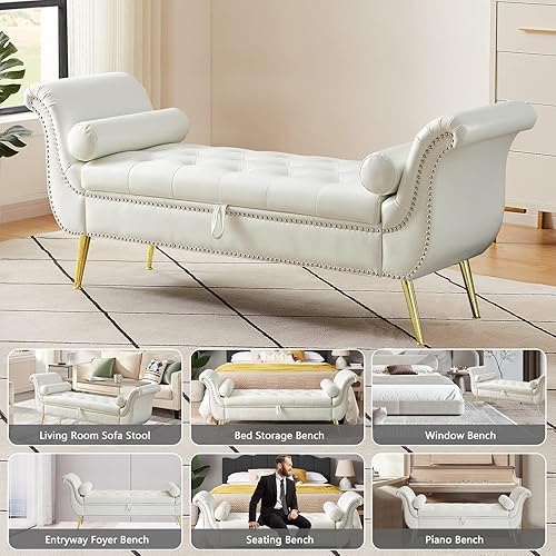 Miniatura 6 de Setawix Banco otomano de almacenamiento de piel sintética, banco de cama de 66.53 pulgadas, banco de cama con brazo enrollado copetudo con