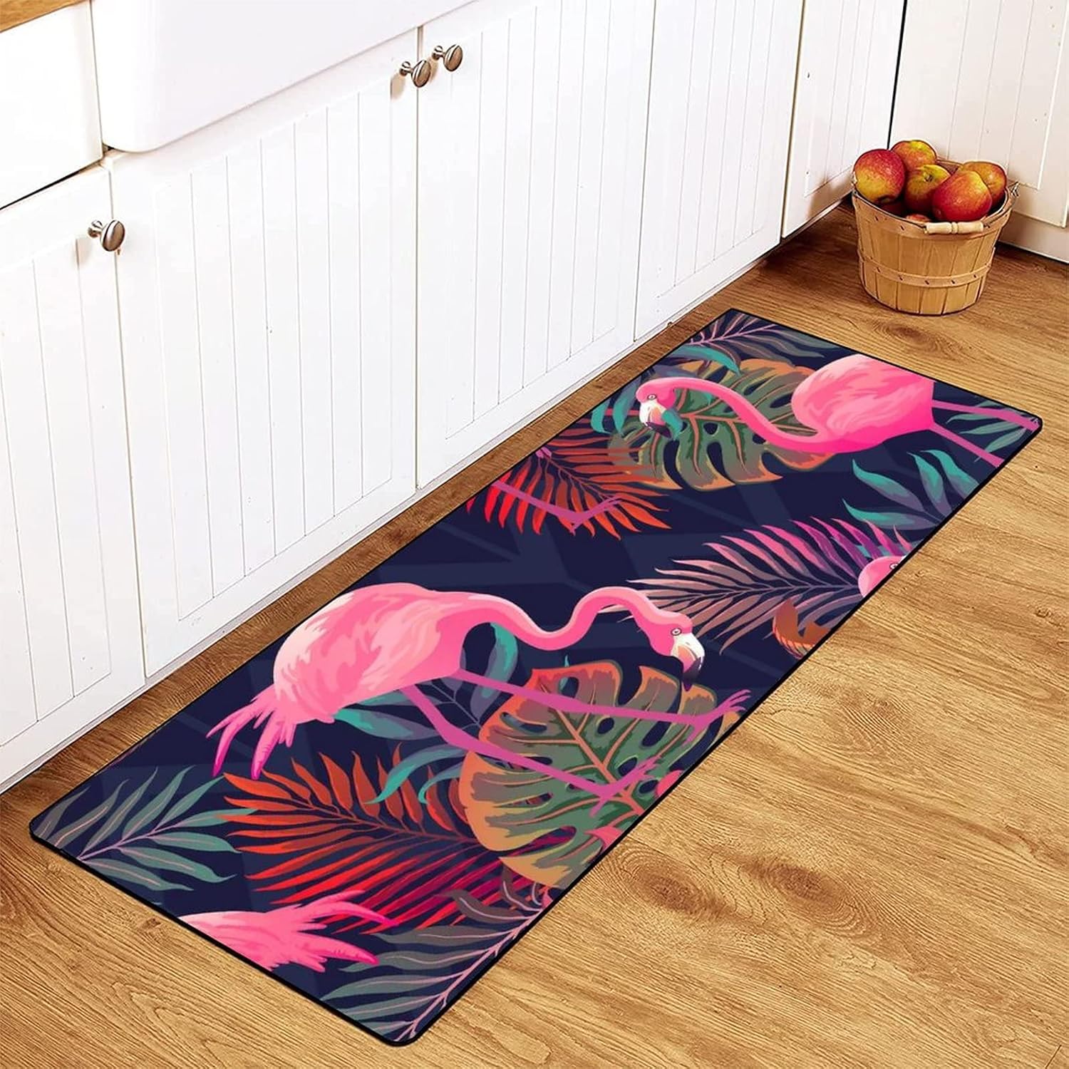 MoBlinko Pink Flamingos Kitchen Rugs Tropical Palm Leaves