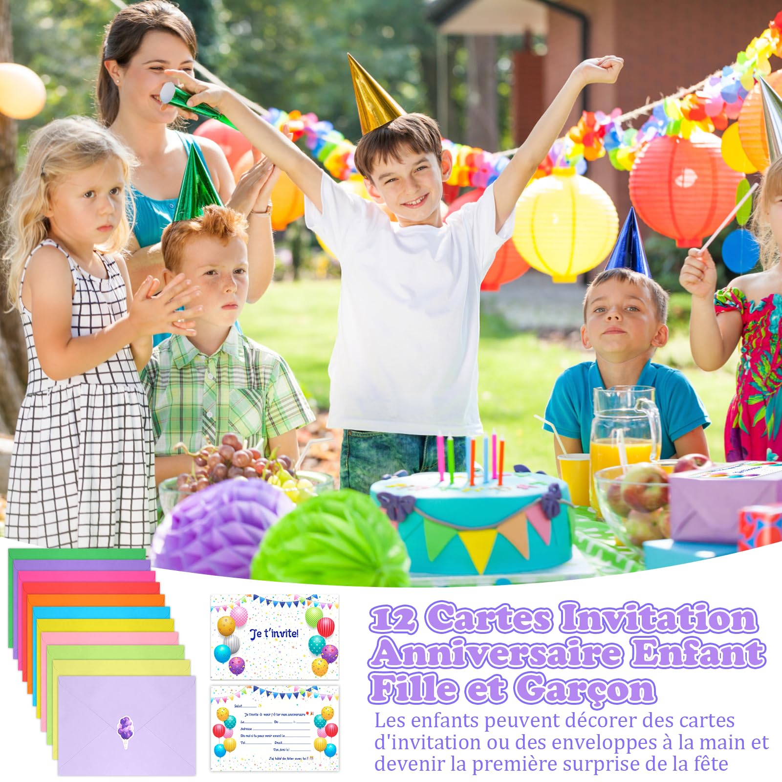 Scettar 12 Cartes Invitation Anniversaire Fille Ballons colorés thème, avec 12 Couleur Enveloppes anniversaire Enfant, Pour Invitations de fête,Anniversaire