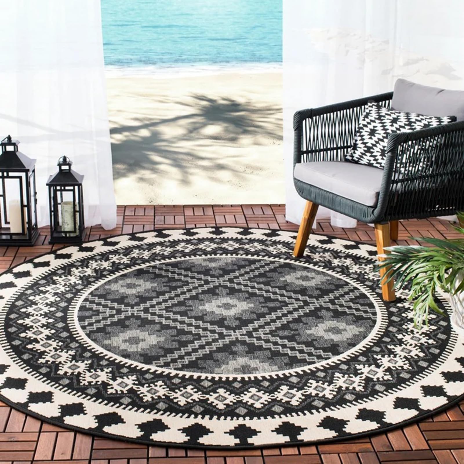 HGTRH Round Outdoor Rugs for Patios 4 Ft, Washable Non-Slip Small Round Area Rug for Balcony, Tropical Round Rugs for Outside Patio Waterproof Outdoor Rugs, UV Fade Resistant and Easy To Clean