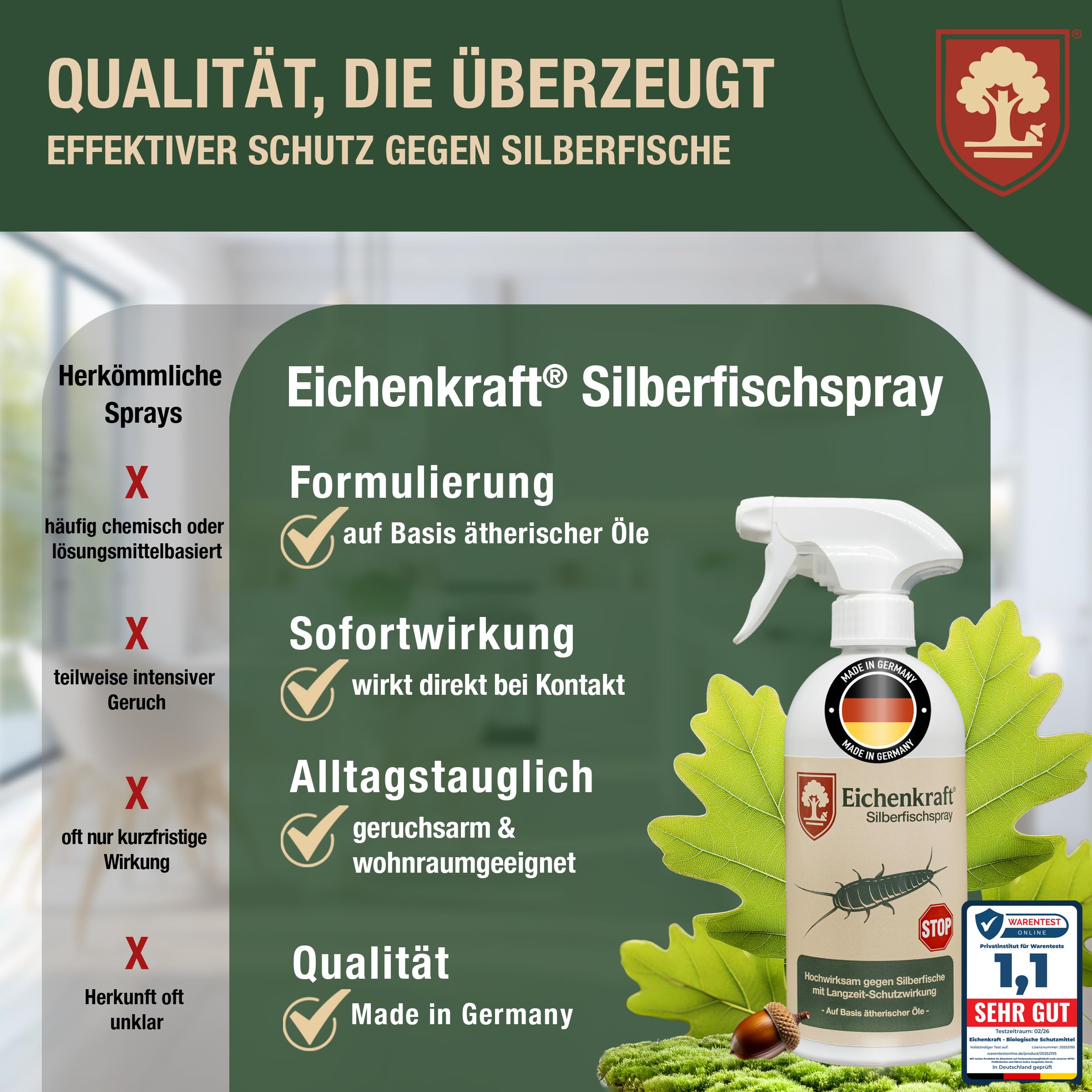 Silberfischspray gegen Silberfische & Papierfische – Langzeitschutz für Bad Küche Keller Wohnung, Ungezieferspray mit ätherischen Ölen, Insektenspray für Fugen Ritzen Innenräume Zuhause Schutz - 500ml