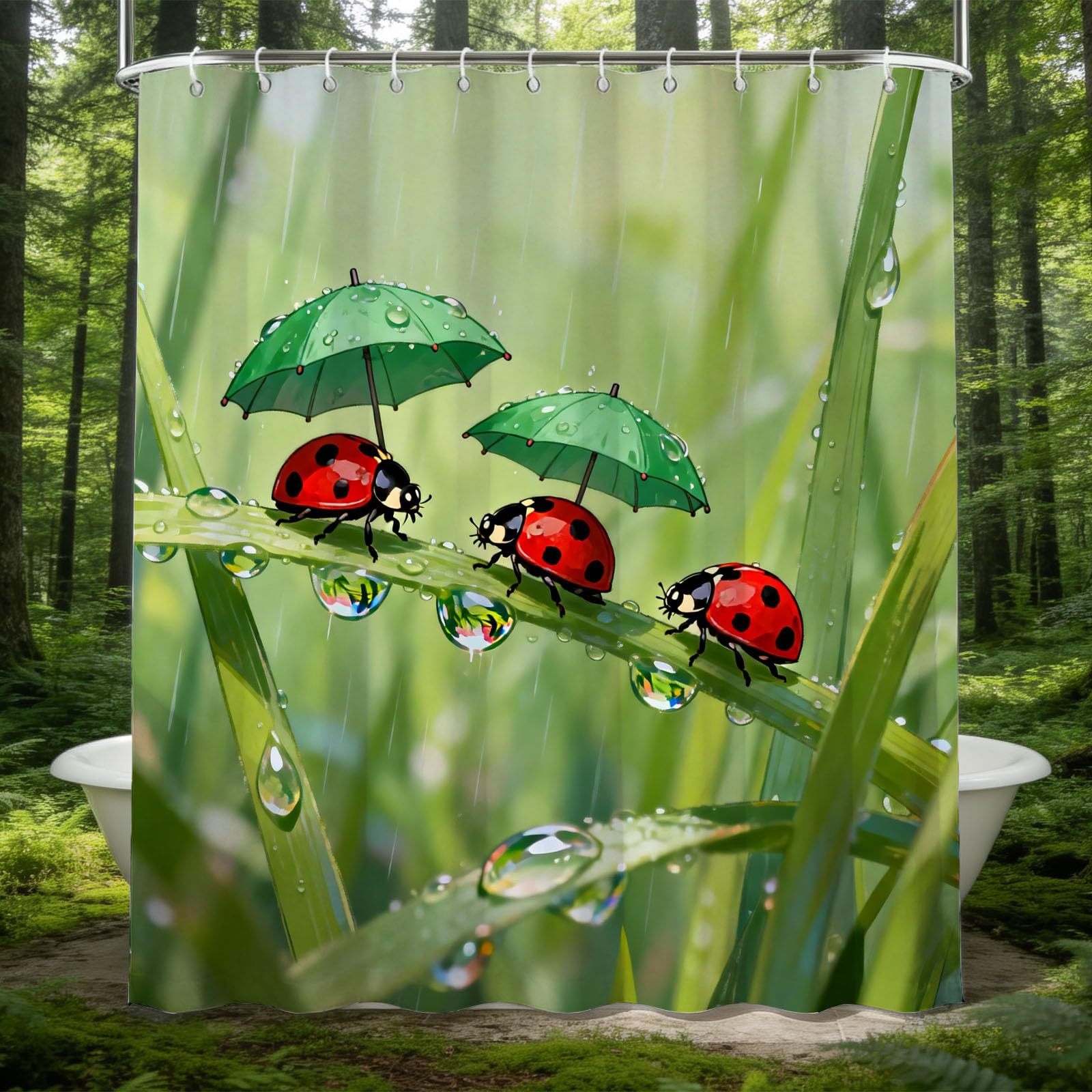 Hongduo 3D Ladybug Shower Curtain for Stalls Bathtubs Cartoon Illustration Bathroom Decor Shower Curtain Set Polyester Fabric Waterproof 180x200cm/71X79 Inch with Hooks