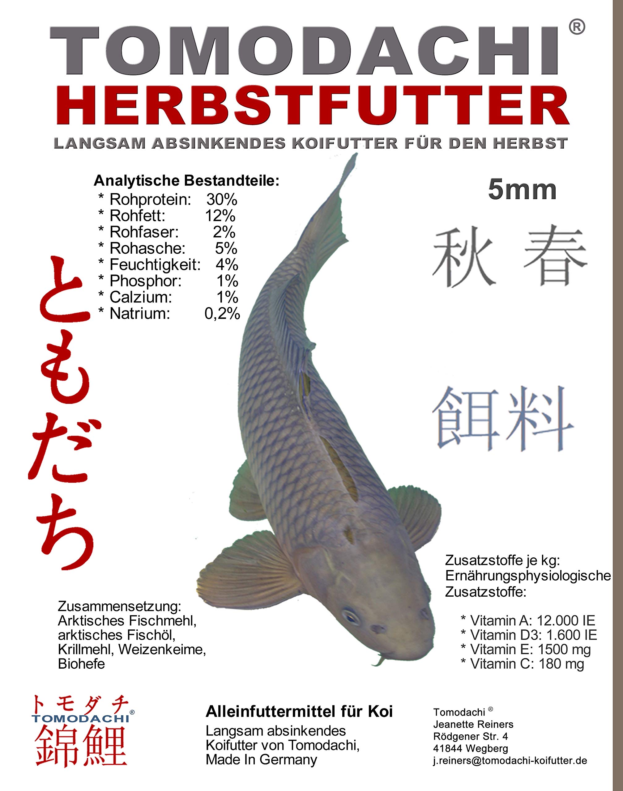 Koifutter für den Herbst, Tomodachi Herbstfutter für Koi, langsam sinkend und energiereich, 10kg