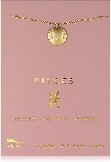 Lucky Feather Zodiac Necklace - 14K Gold-Dipped Constellation Pendant Necklace - Zodiac Sign Birthday Gifts for Women and Girls with Adjustable 16