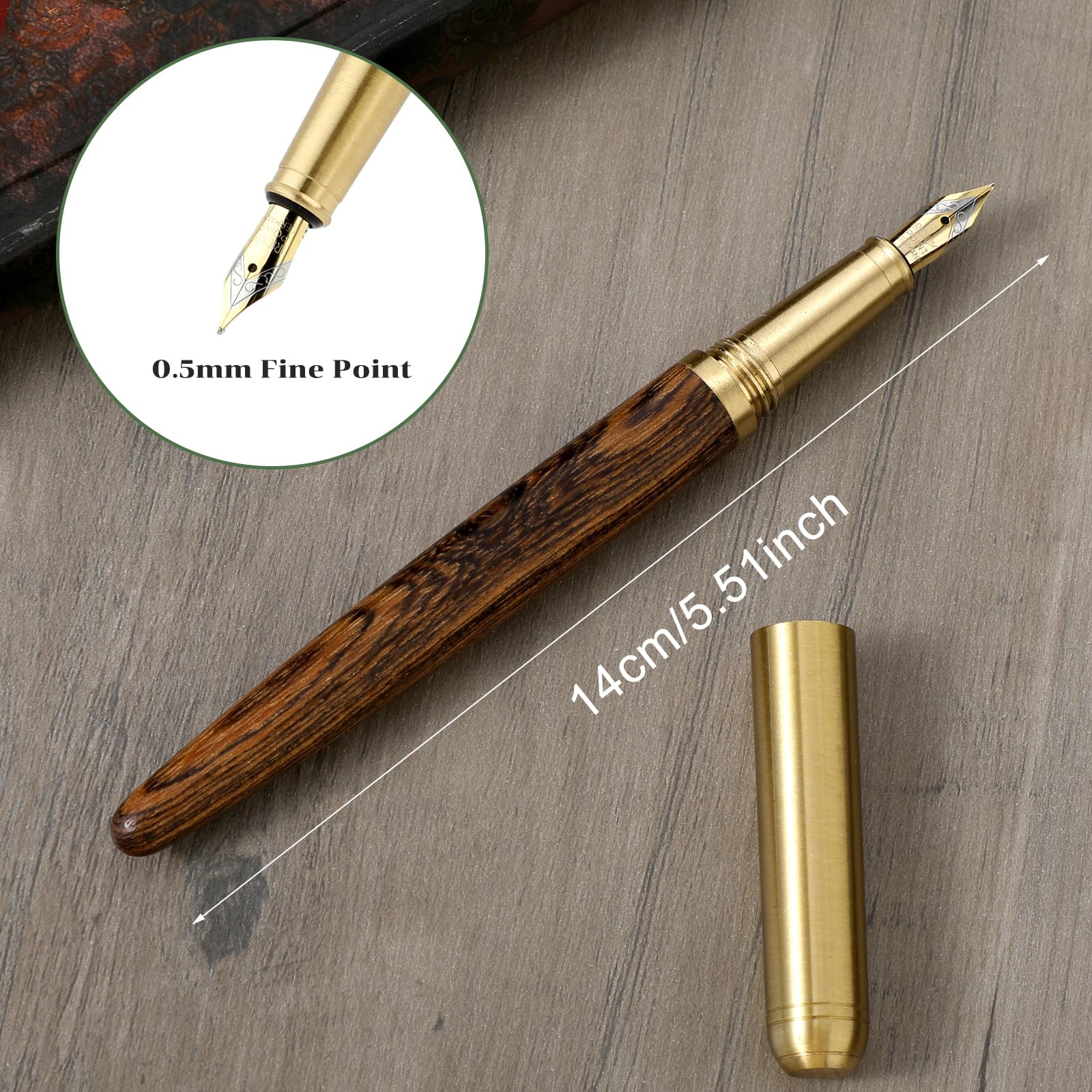 Amaxiu Stylo plume en bois, pointe fine, stylo de luxe fabriqué à la main avec 12 cartouches d'encre de 2,6 mm, stylo en bois vintage pour affaires, calligraphie, cadeaux