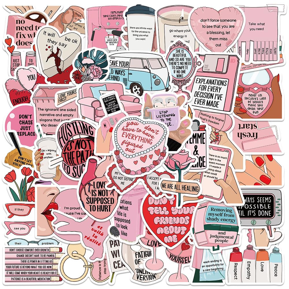 Love Yourself Positive Pink Stickers for Women Girls, 50PCS Rejection of Internal Friction Aesthetic Inspirational Waterproof Stickers for Water