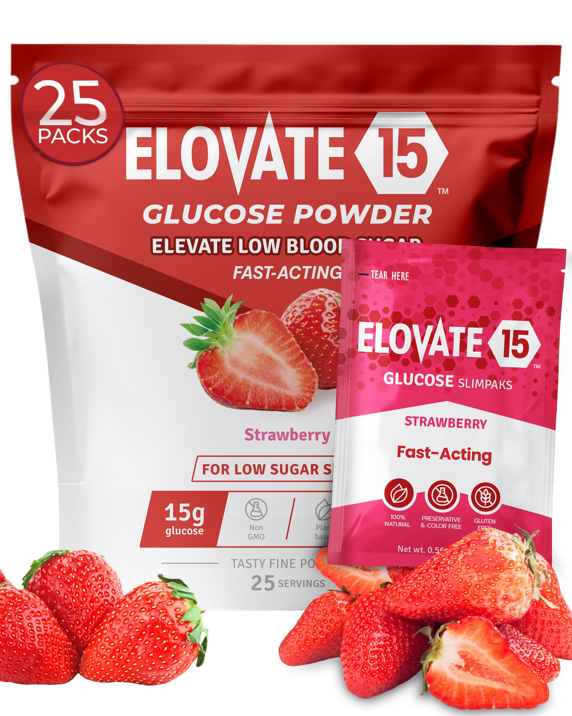 Fast Acting Glucose Powder Packets, Strawberry - Quick Dissolving, 15g Pure, Gluten-Free Glucose Packets | Oral Dextrose Powder for Kids & Adults |