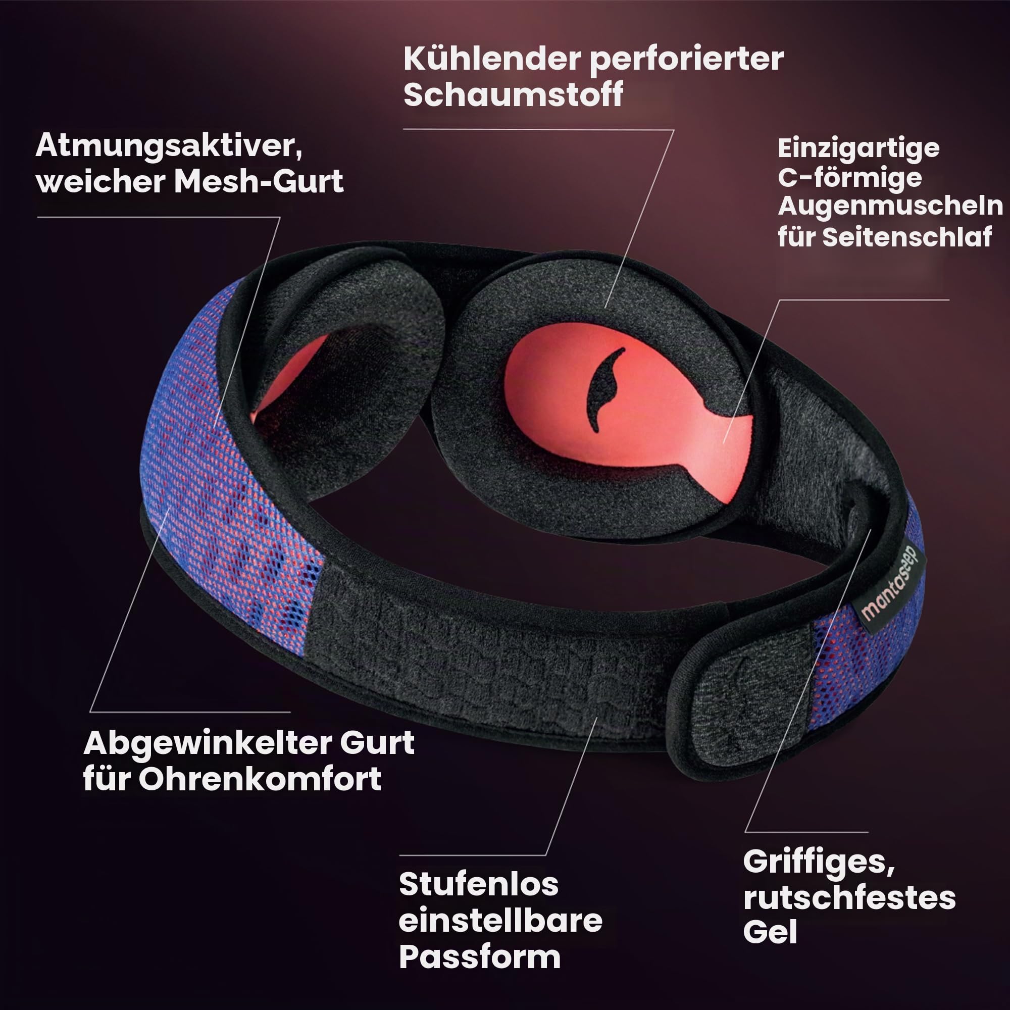 Manta Pro Schlafmaske – 100 % lichtblockierende Schlafmaske für Seitenschläfer, atmungsaktiv und bequem für Schlaf, Reisen, Nickerchen und Schichtarbeit