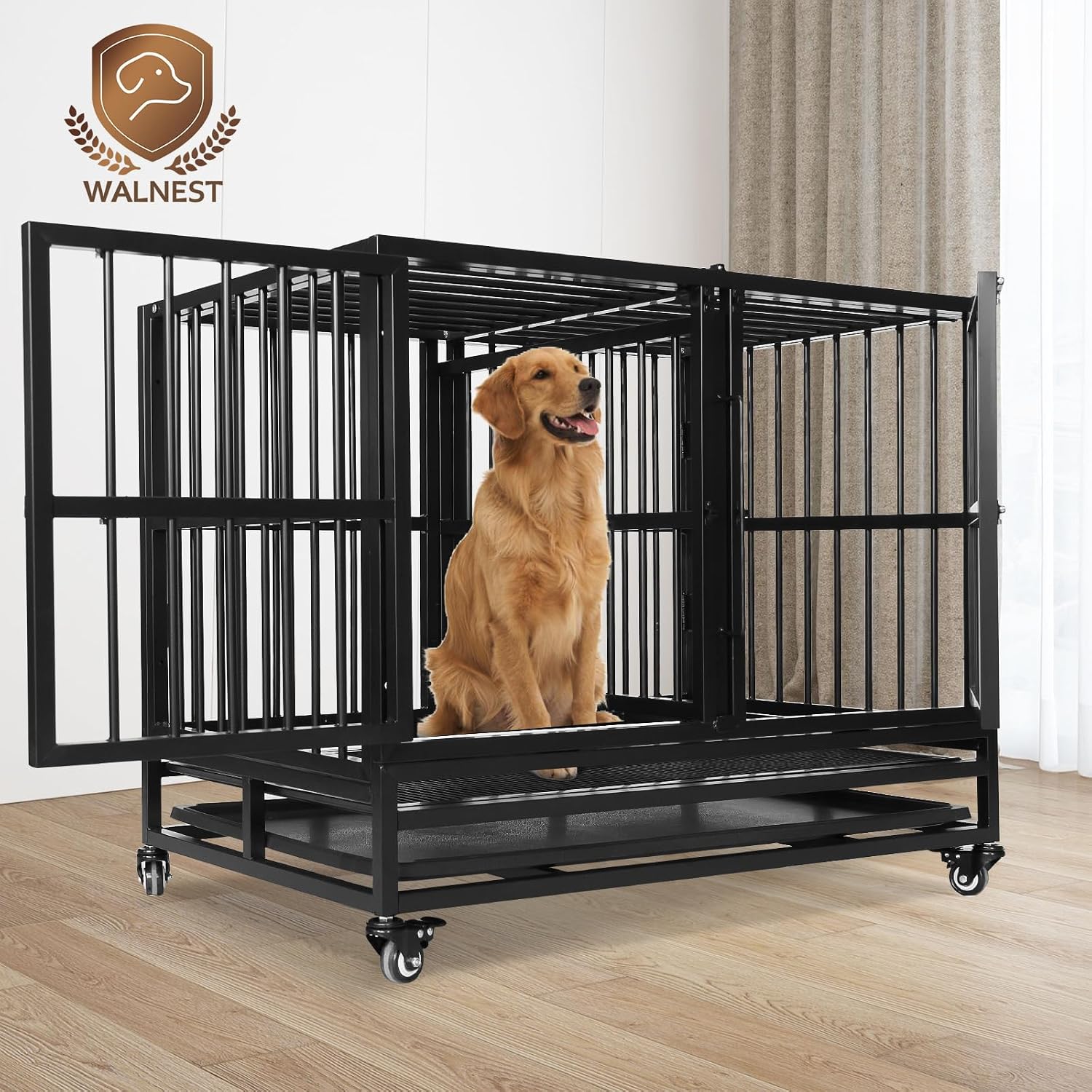 37" Heavy Duty Dog Crates with Removable Divider Large Indestructible Square Tube Dog Kennels for High Anxiety Dog Escape Proof Dog Cage Dog Kennel Pet Playpen for Training with Wheels, Tray, Black