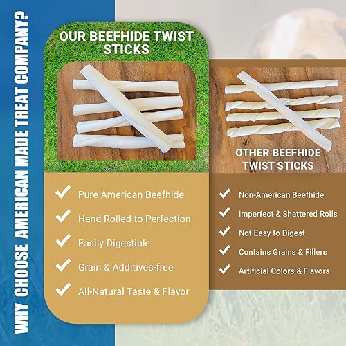 Miniatura 3 de American Made Treat Company 0504 U.S.A. Palitos torcidos de piel de res, digestivos y ricos en proteínas de cuero crudo con sabor natural para