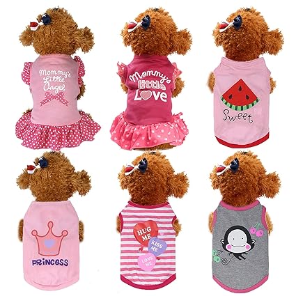 6PCS Pet Dress, Pet Summer Clothes Dog Appare Cute Dog Dress, 2 Puppy Skirts(Angel + Love) and 4 Puppy Clothes(Watermelon + Monkey + Princess + Stripe)