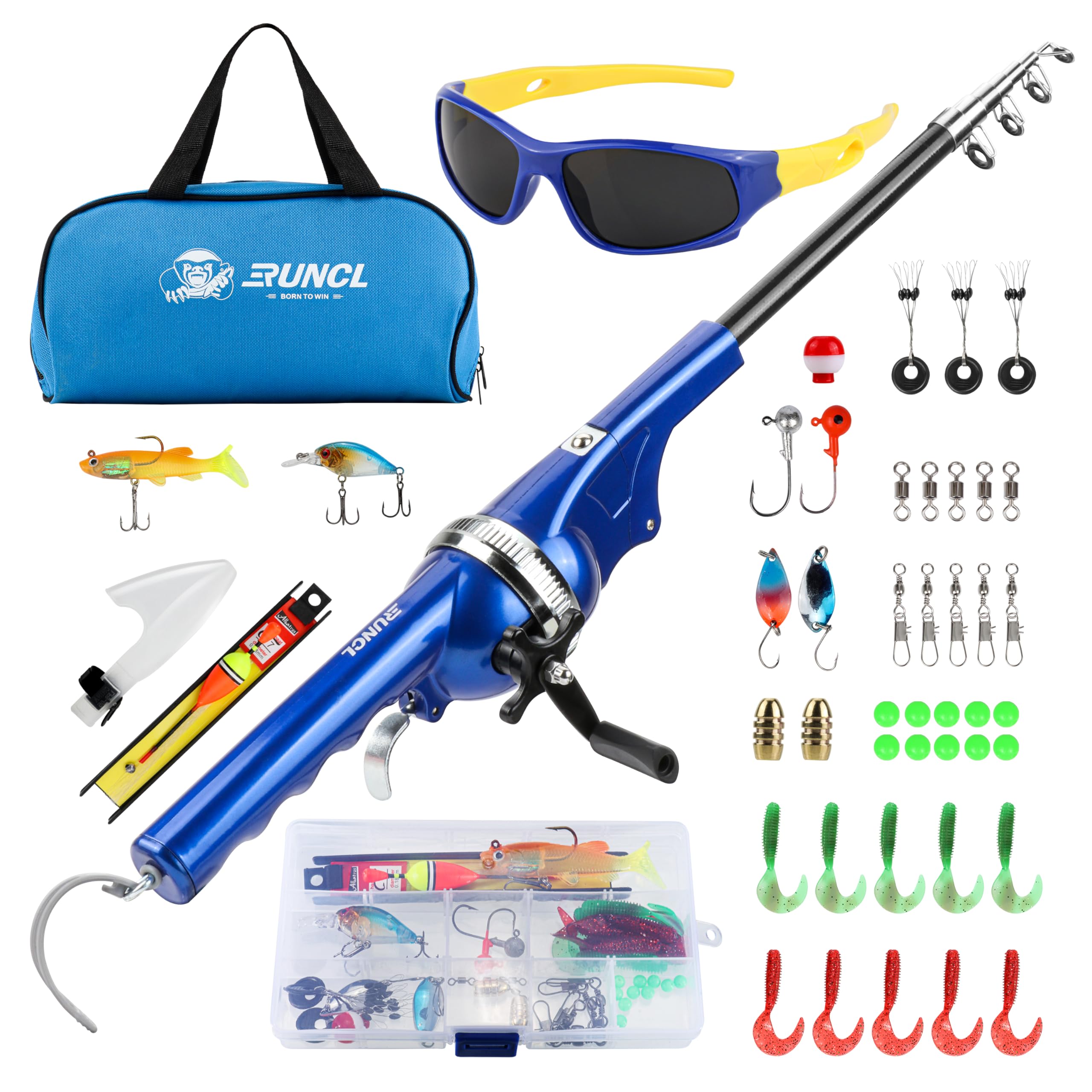 RUNCL Kit de caña de pescar plegable portátil y carrete para niños con carrete de pesca Spincast para jóvenes